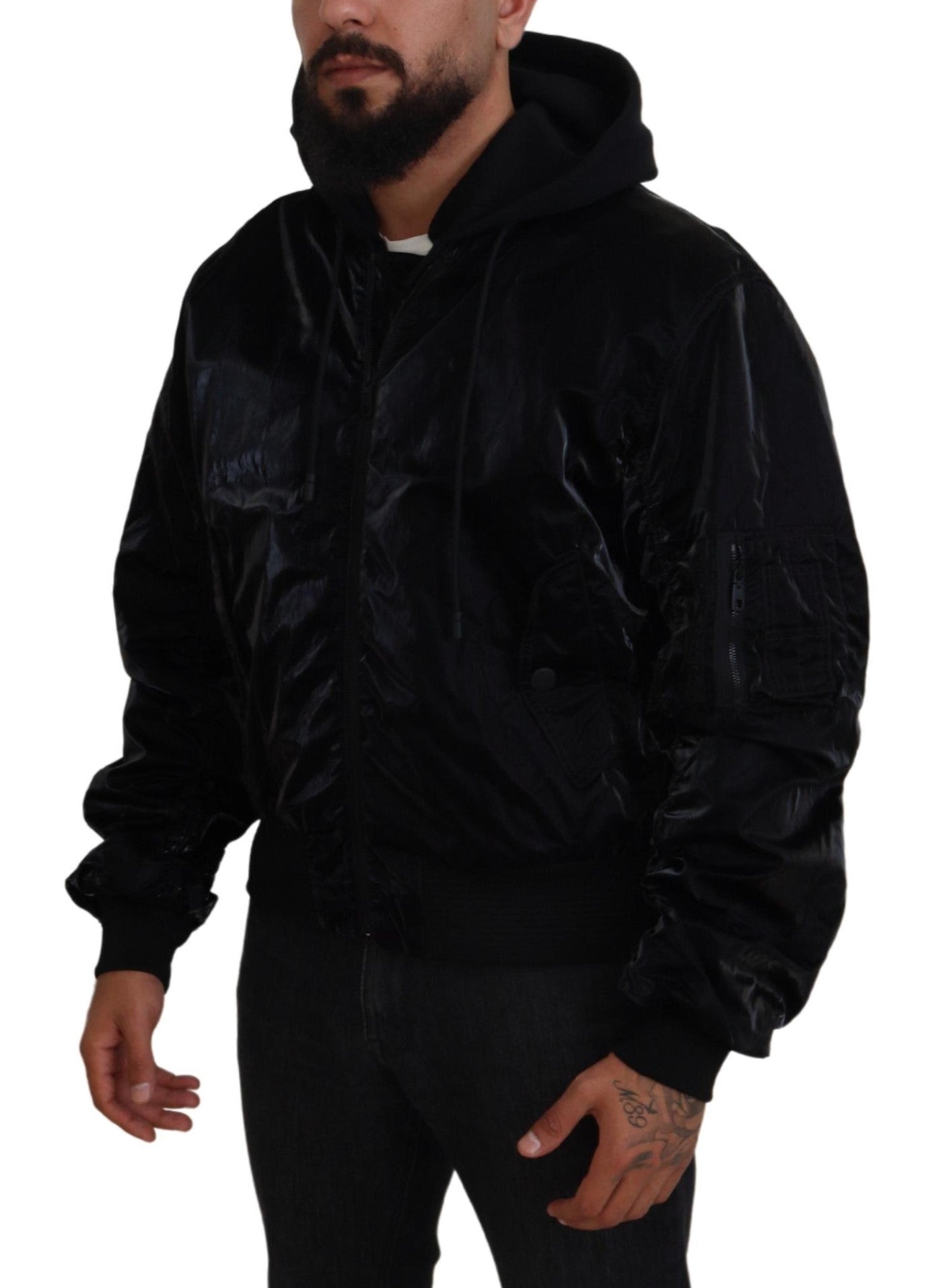 Dolce & Gabbana Black Nylon Hooded Full Zip Bomber Men's Jacket