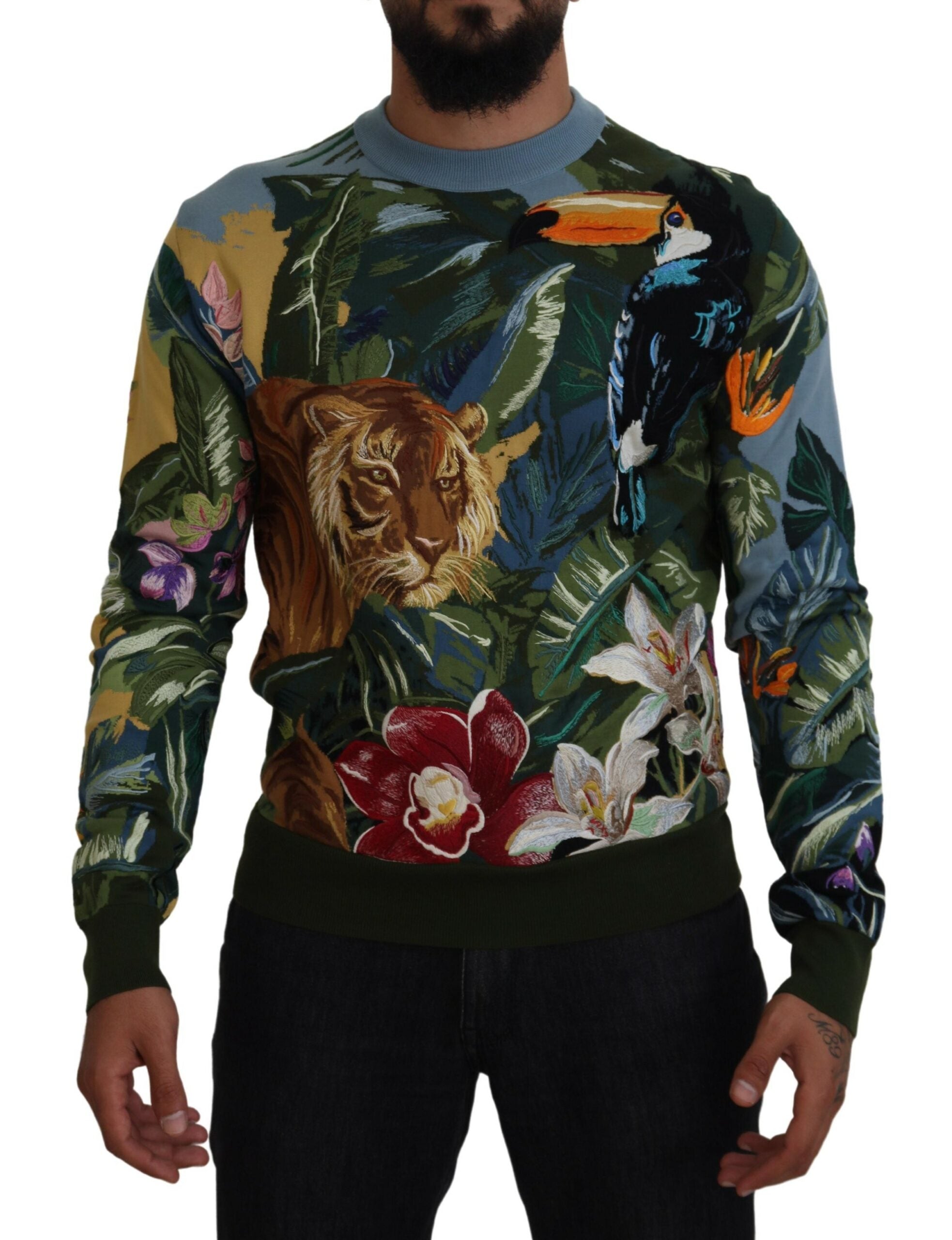 Dolce & Gabbana Jungle Embroidered Wool Silk Men's Sweater