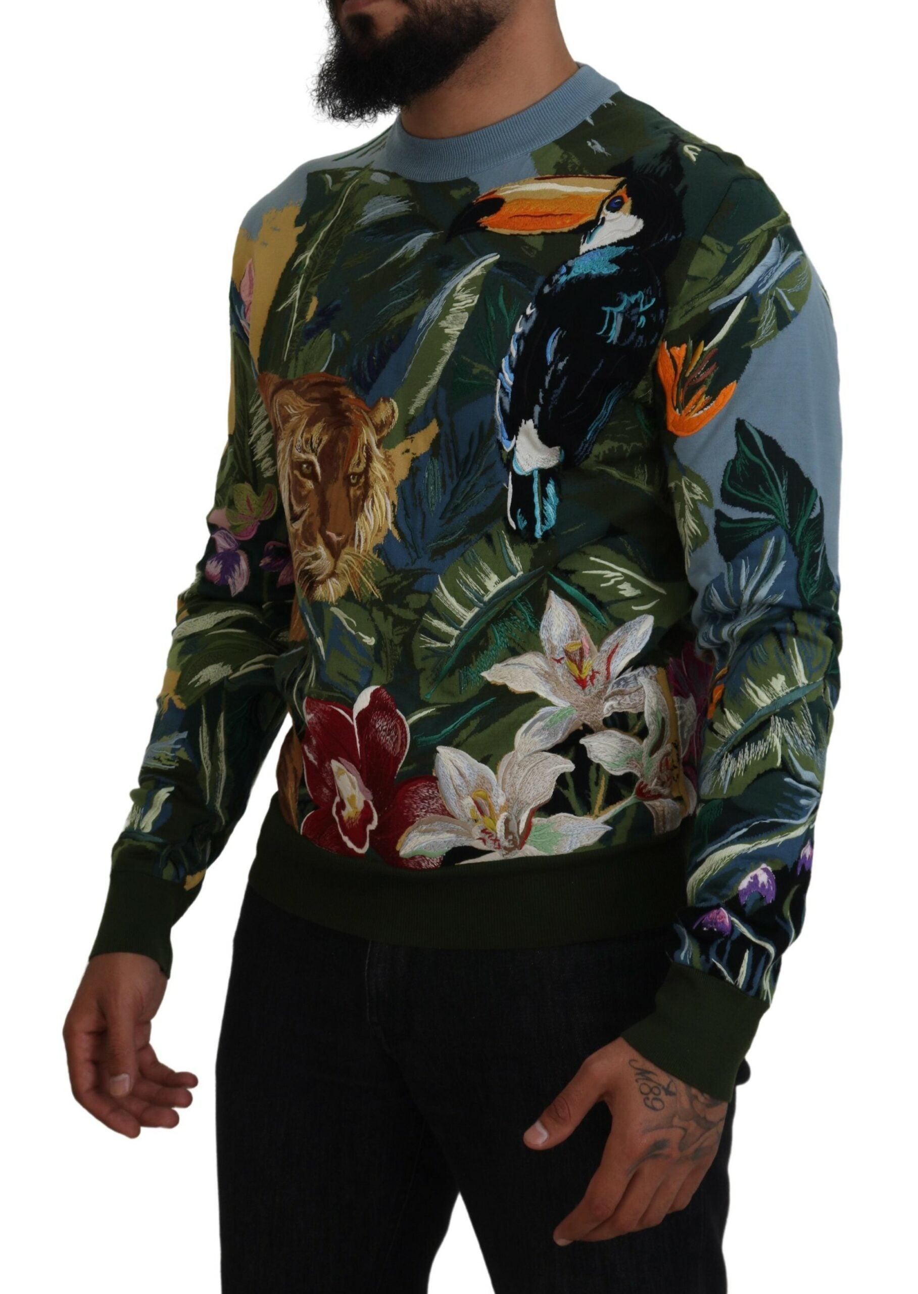 Dolce & Gabbana Multicolor Jungle Wool Pullover Logo Men's Sweater