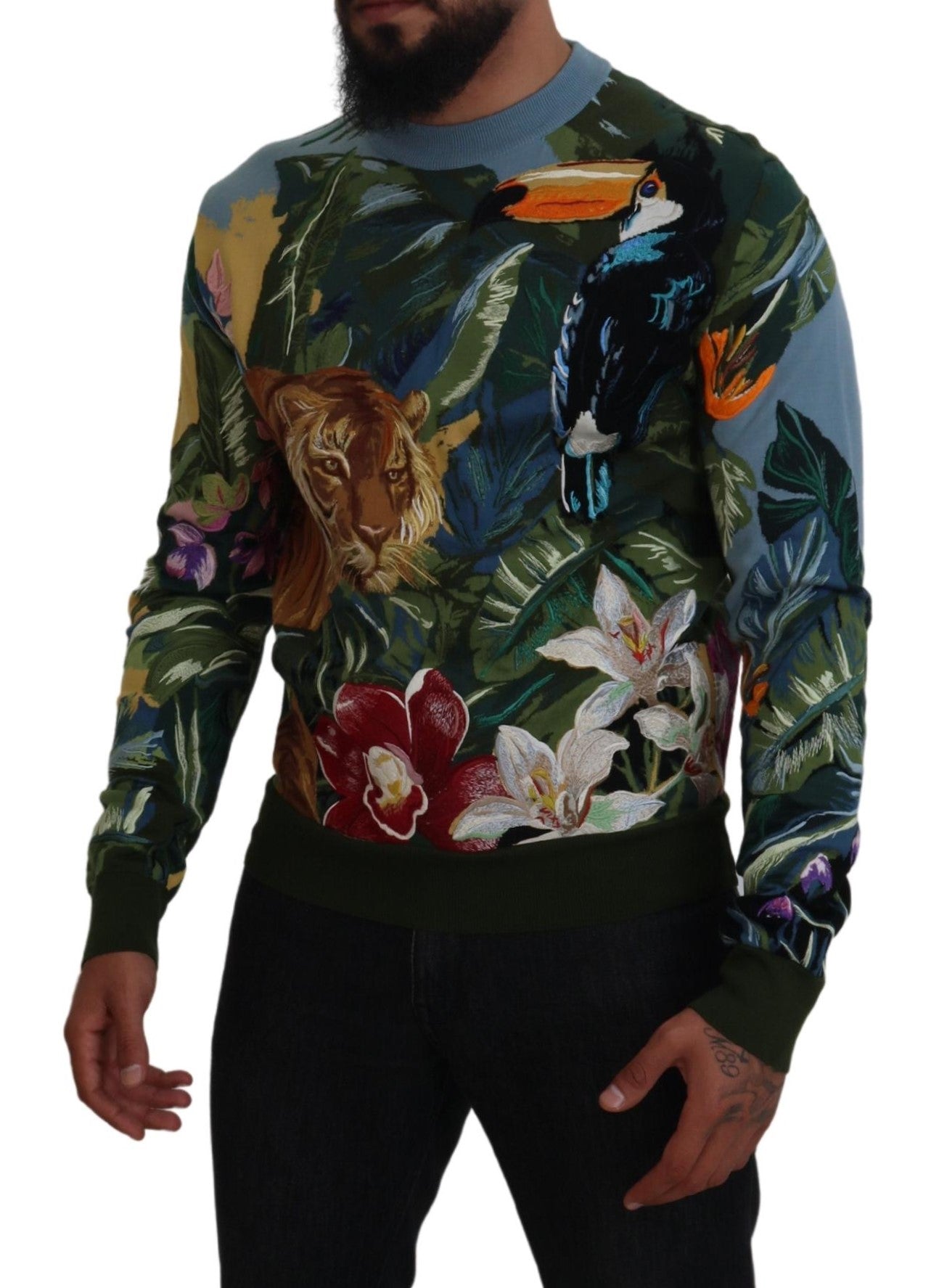 Dolce & Gabbana Multicolor Jungle Wool Pullover Logo Men's Sweater