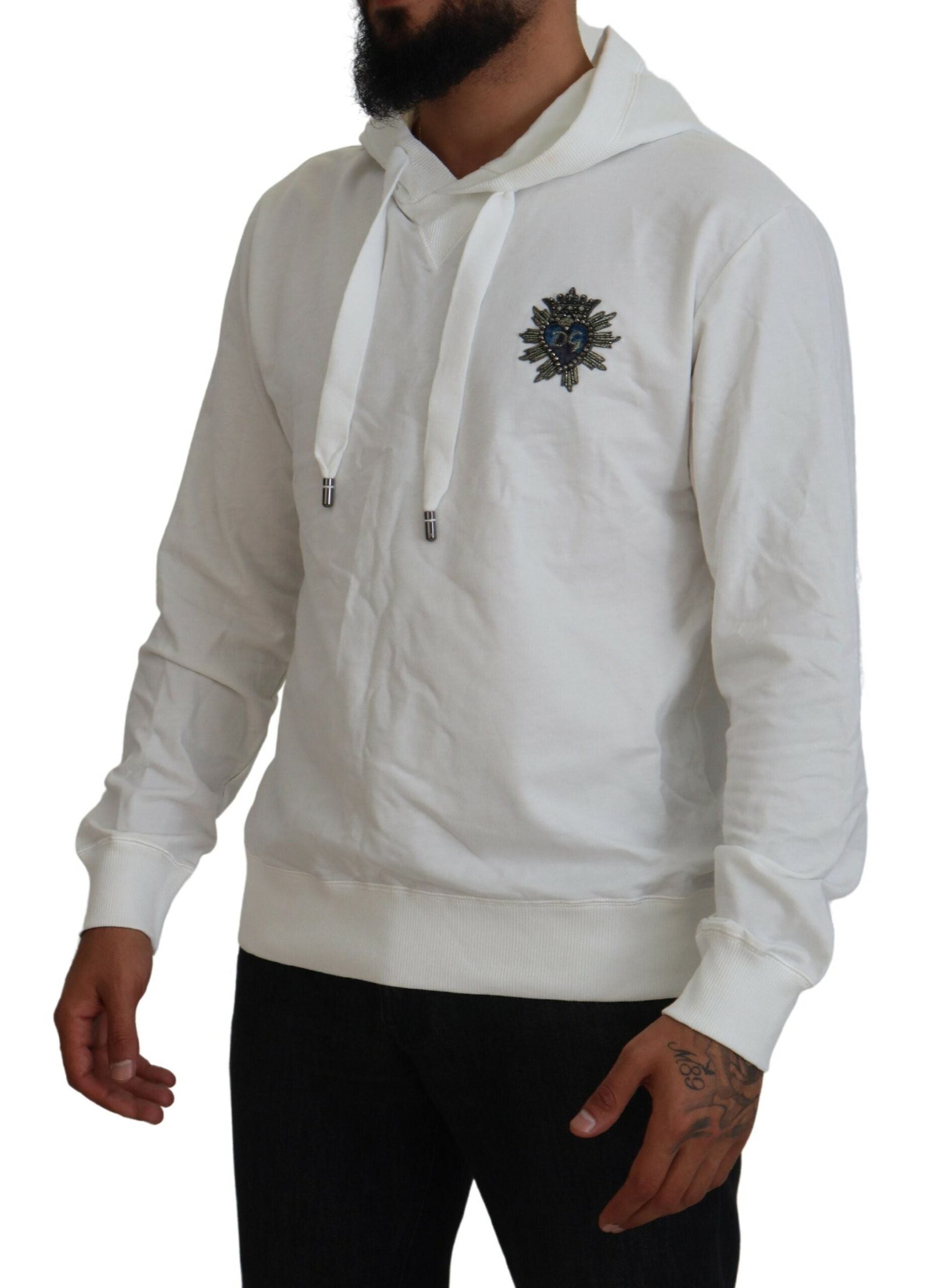 Dolce & Gabbana White Cotton Hooded Sweatshirt Logo Men's Sweater