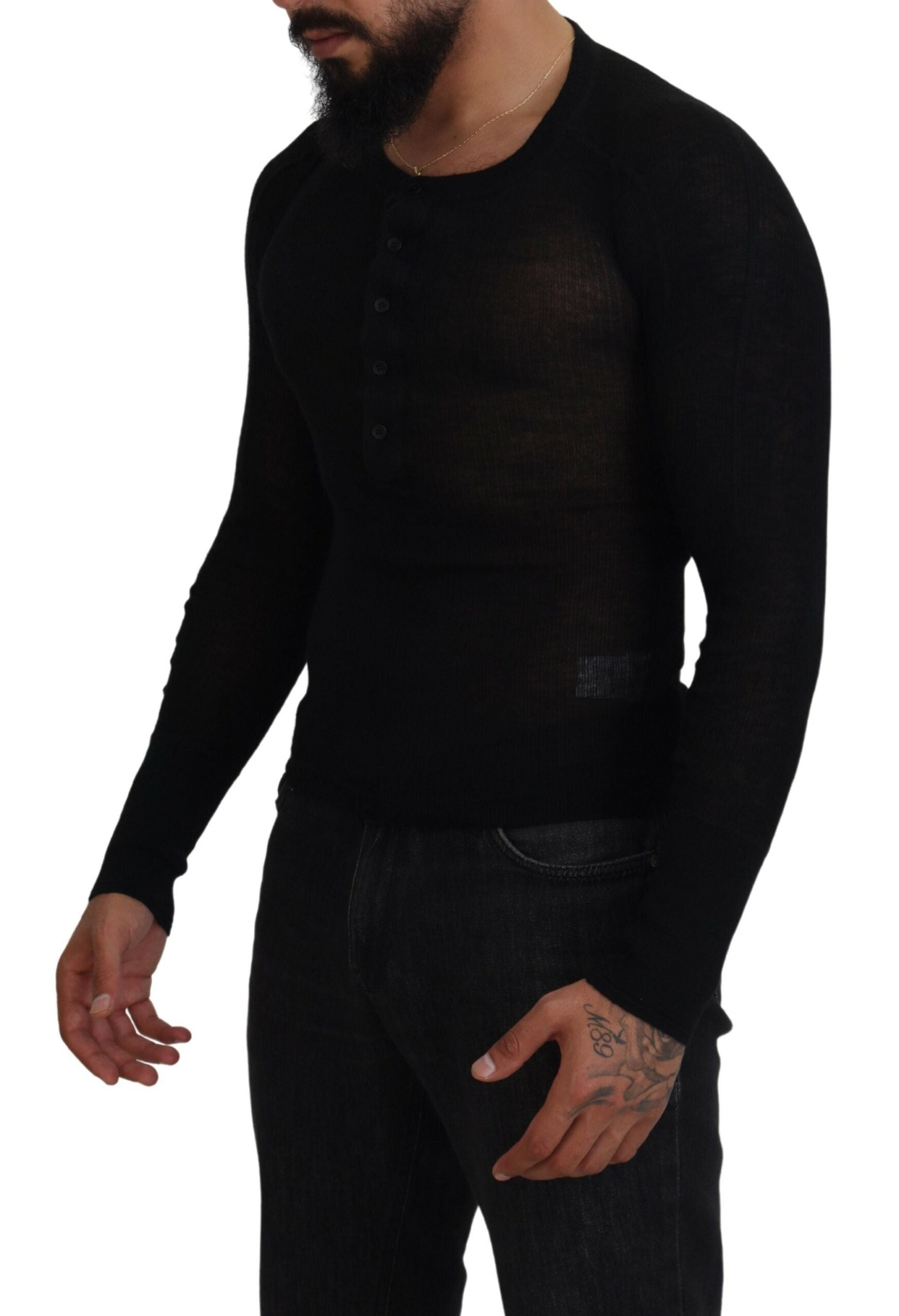 Dolce & Gabbana Black Cashmere Button Pullover Men's Sweater