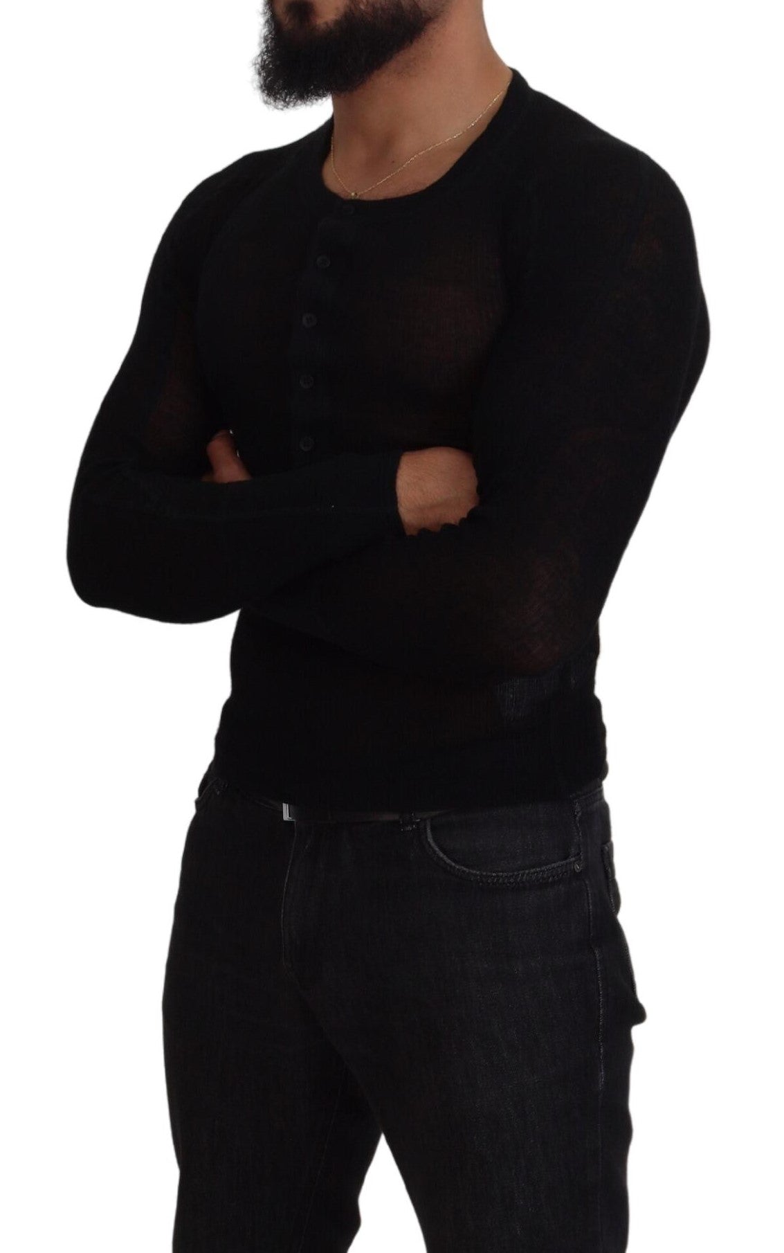 Dolce & Gabbana Black Cashmere Button Pullover Men's Sweater