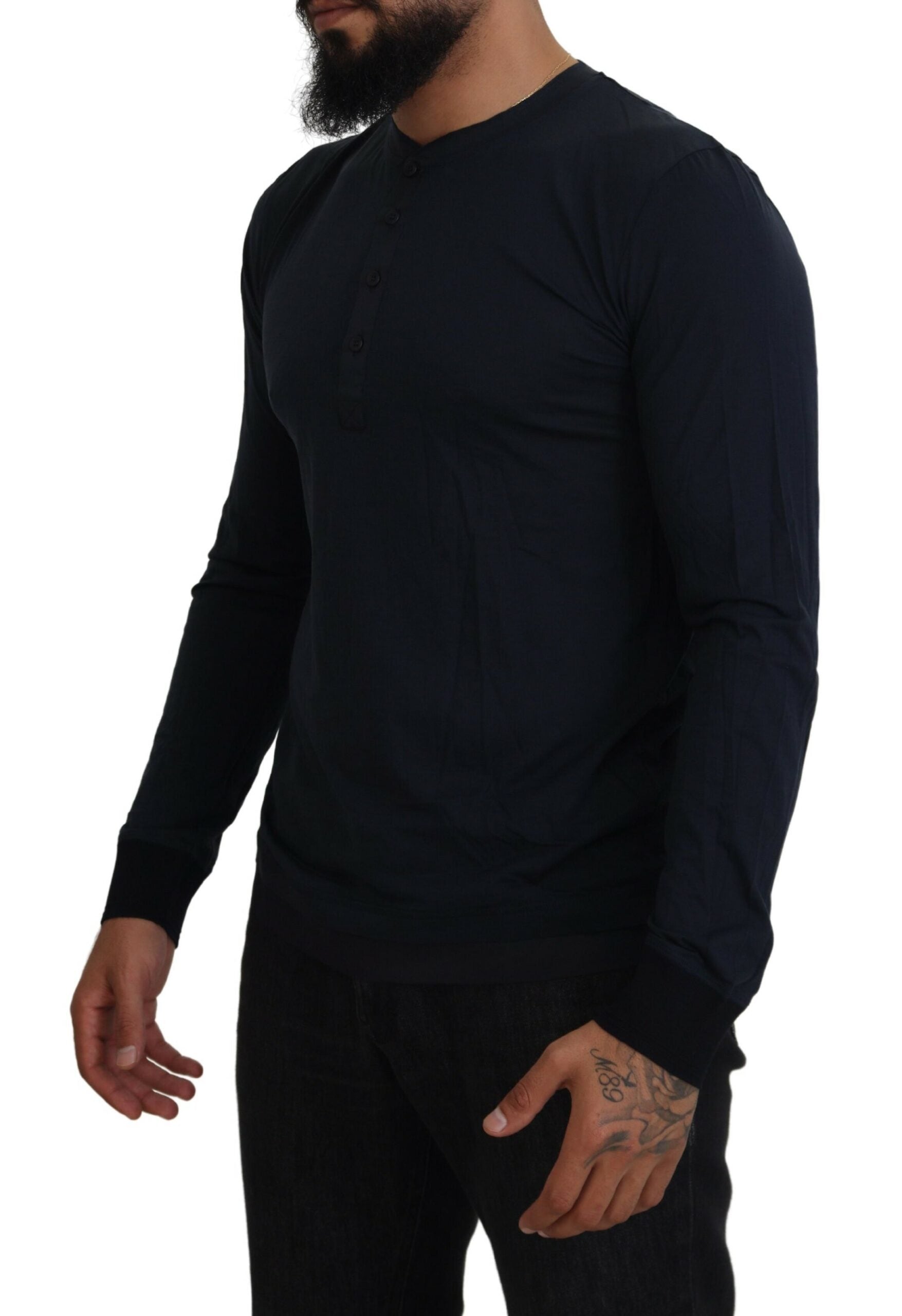 Dolce & Gabbana Blue Cotton Button Crewneck Pullover Men's Sweater