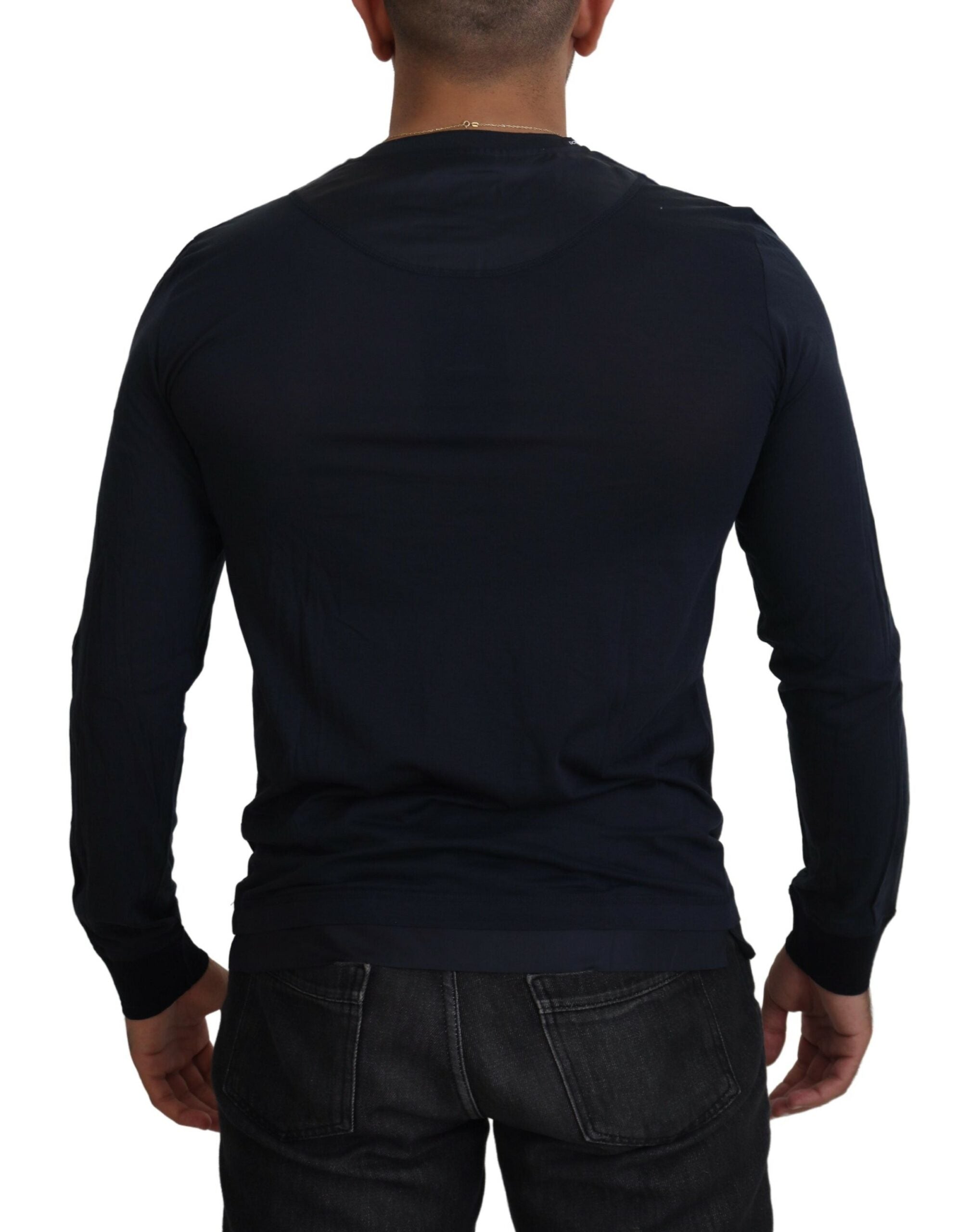 Dolce & Gabbana Blue Cotton Button Crewneck Pullover Men's Sweater
