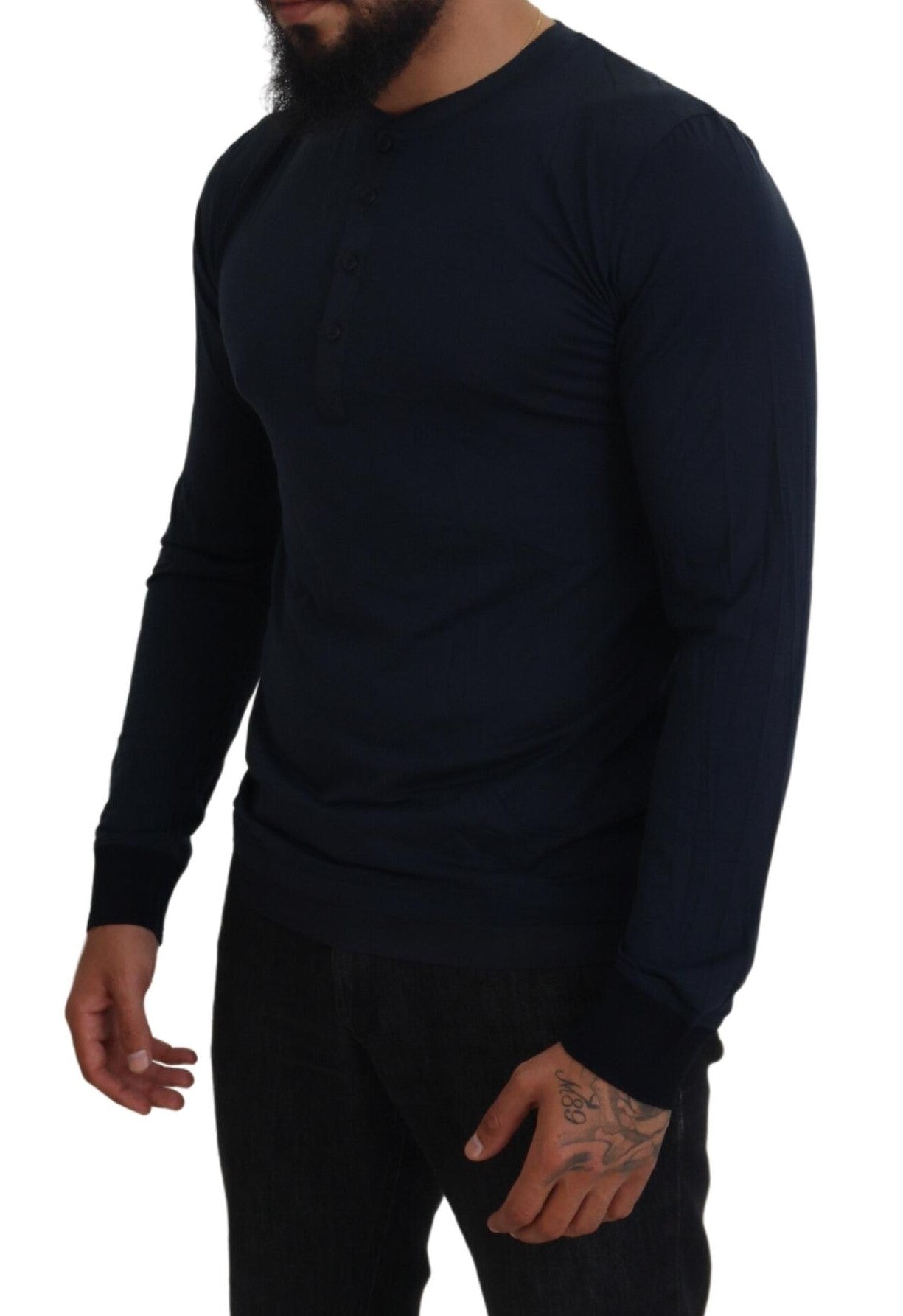 Dolce & Gabbana Blue Cotton Button Crewneck Pullover Men's Sweater