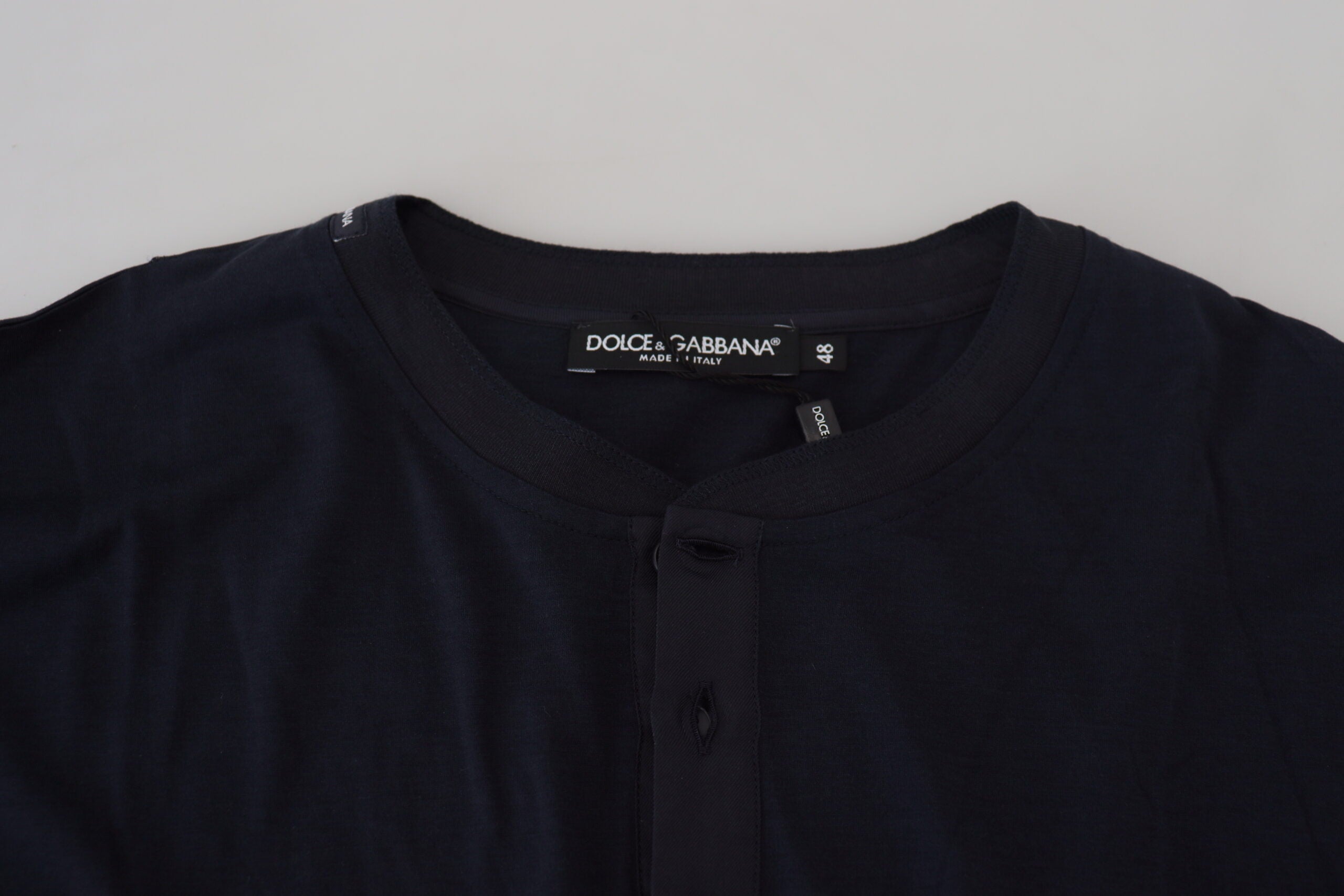 Dolce & Gabbana Blue Cotton Button Crewneck Pullover Men's Sweater