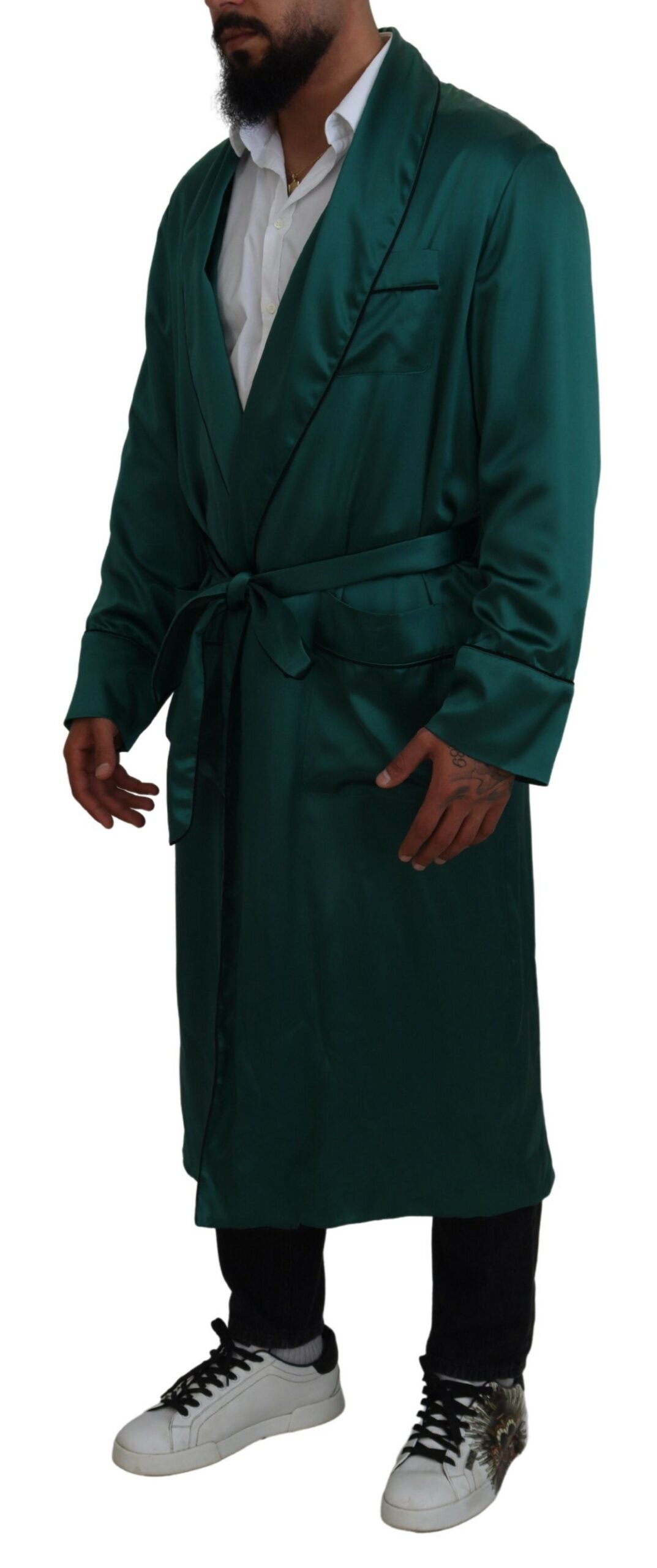 Dolce & Gabbana Green Silk Waist Belt Robe Men's Sleepwear