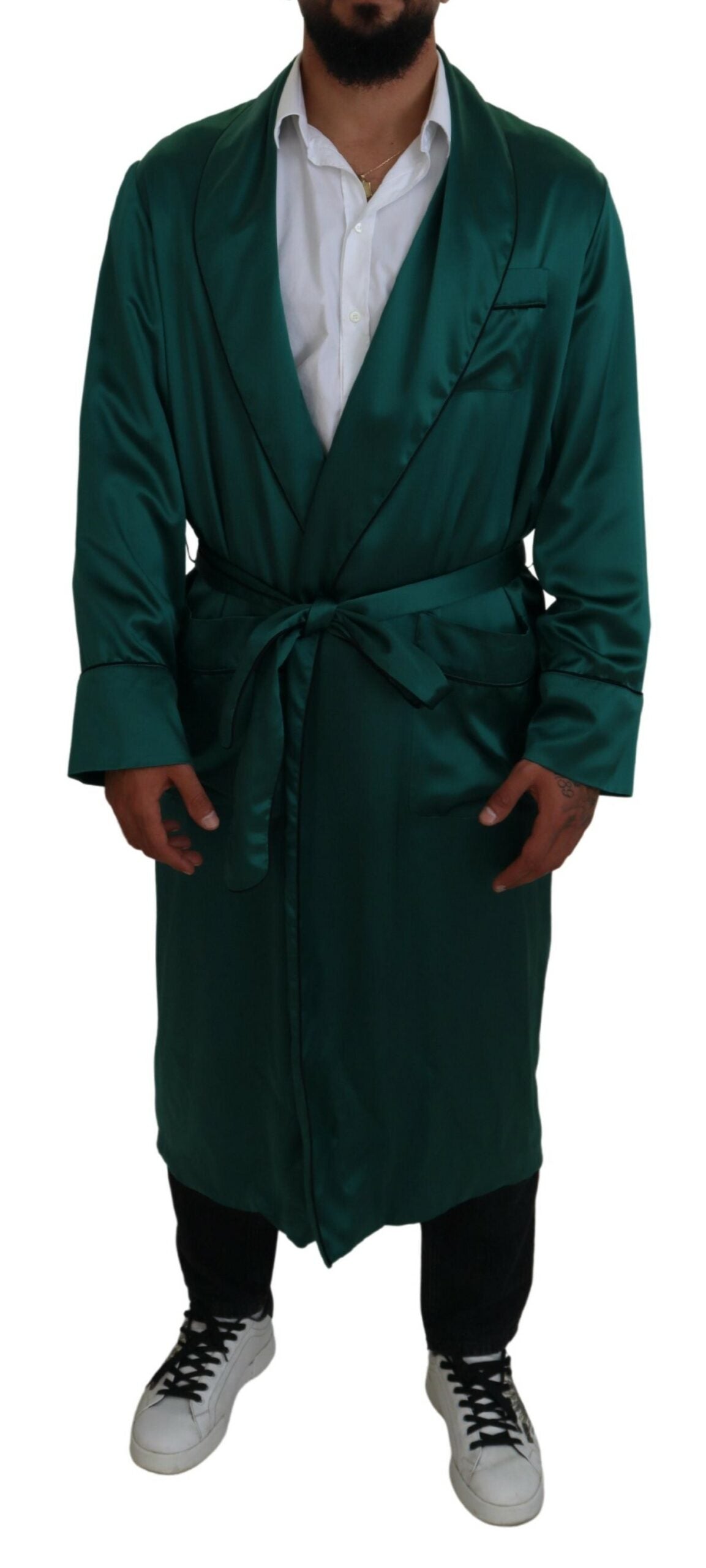 Dolce & Gabbana Green Silk Waist Belt Robe Men's Sleepwear