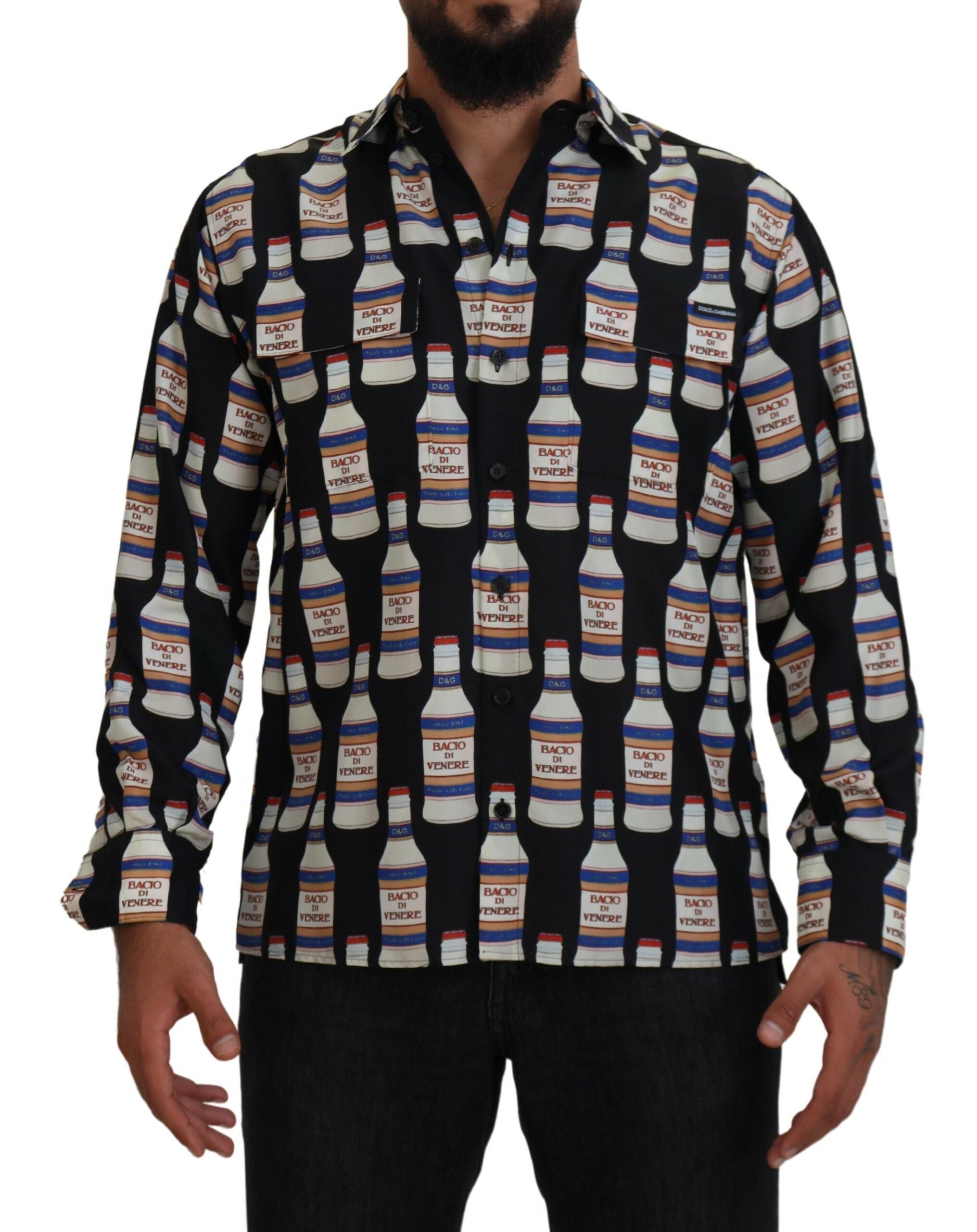 Dolce & Gabbana Black Silk Printed Collared Men Casual Men's Shirt