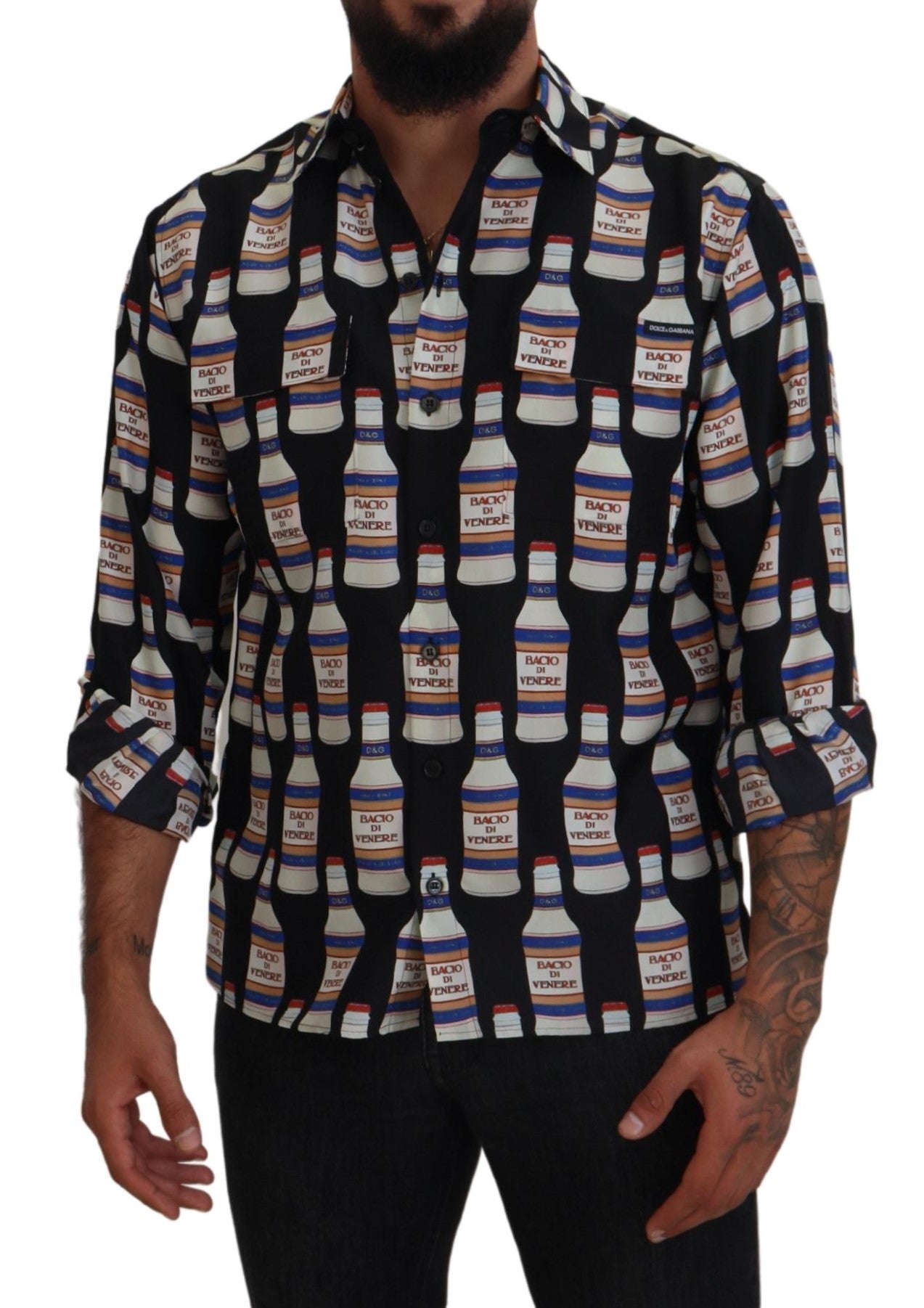 Dolce & Gabbana Black Silk Printed Collared Men Casual Men's Shirt