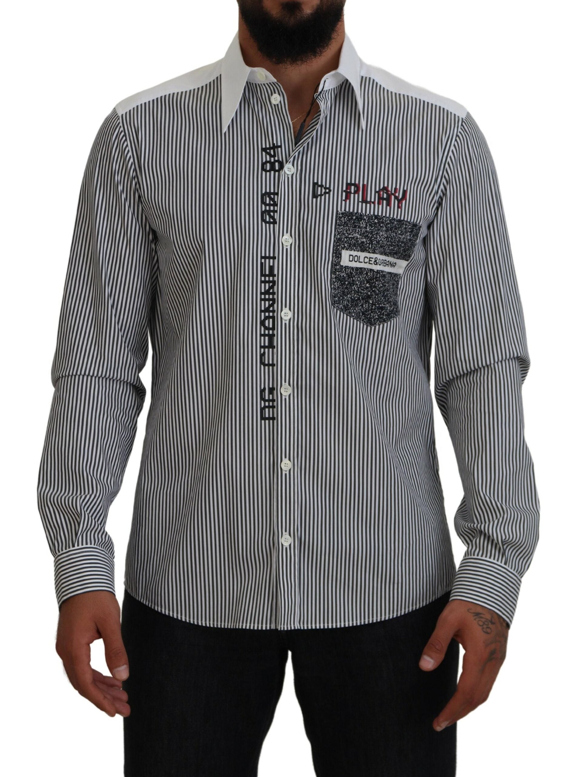 Dolce & Gabbana Black White Striped Printed Casual Cotton Men's Shirt