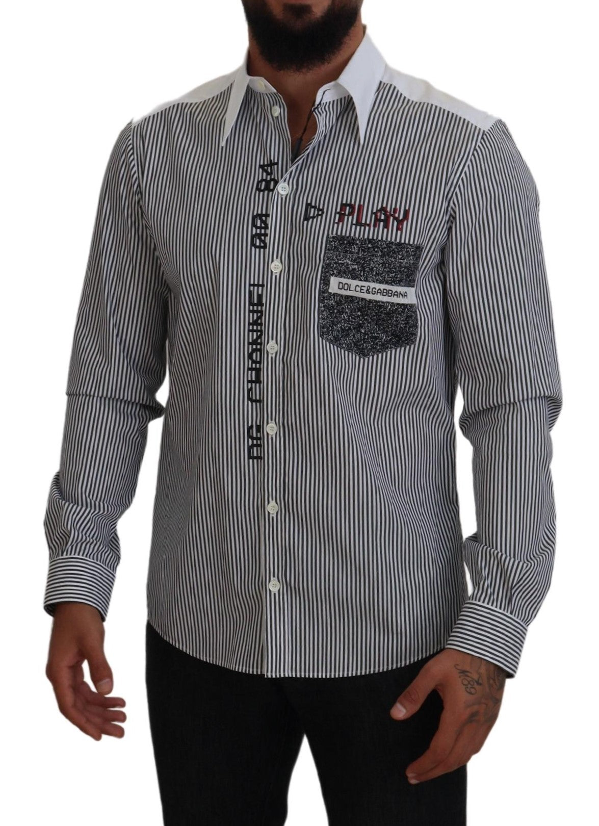 Dolce & Gabbana Black White Striped Printed Casual Cotton Men's Shirt
