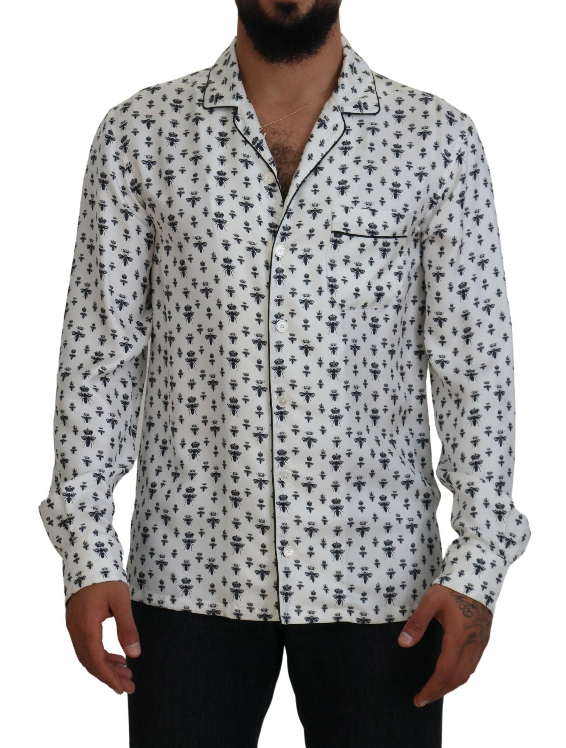 Dolce & Gabbana Elegant Silk Pajama Top with Crown Bee Men's Print