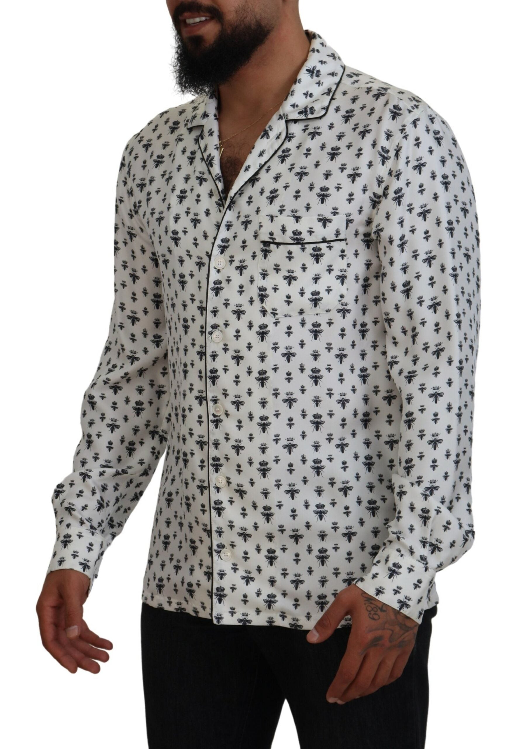 Dolce & Gabbana Elegant Silk Pajama Top with Crown Bee Men's Print