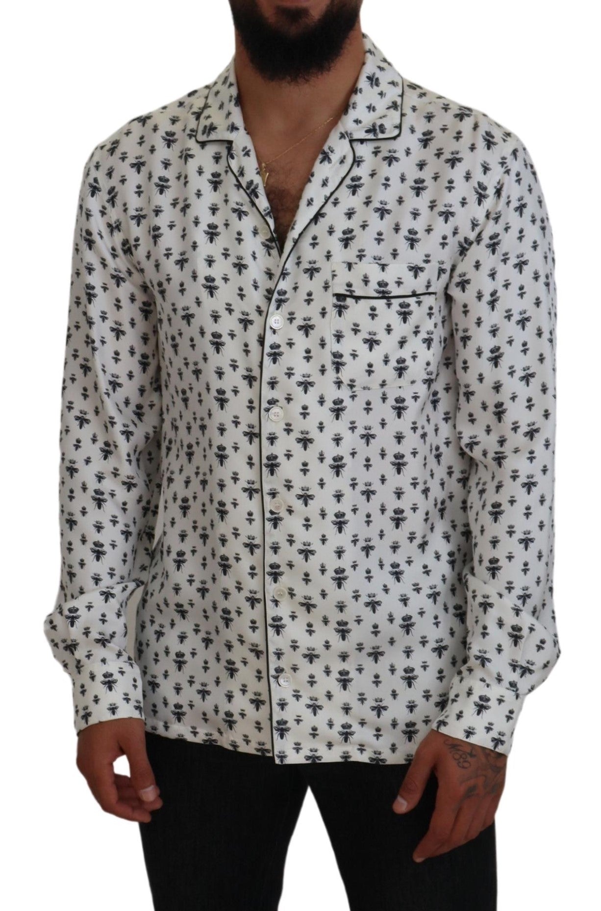 Dolce & Gabbana Elegant Silk Pajama Top with Crown Bee Men's Print