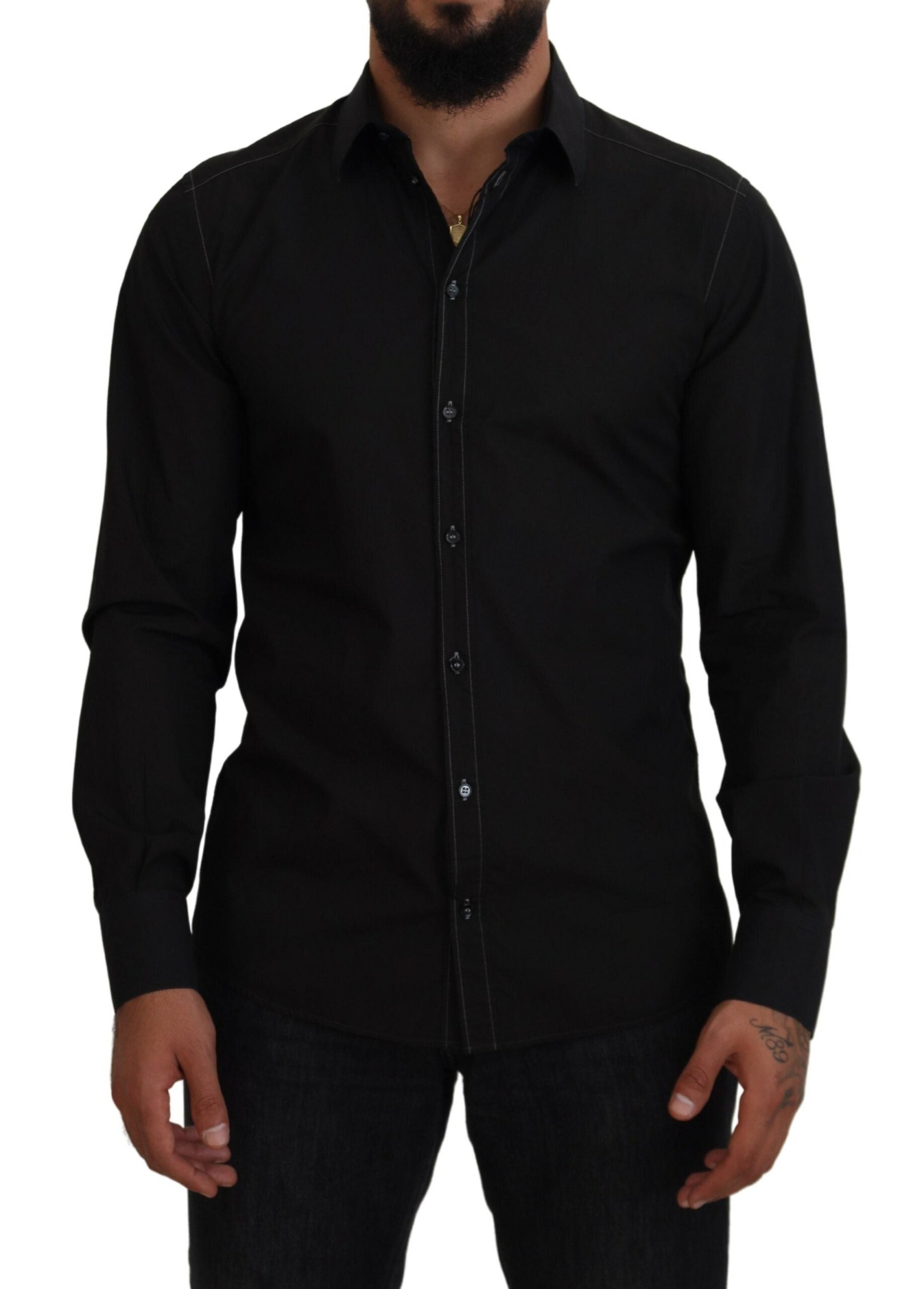 Dolce & Gabbana Black Cotton Collared Long Sleeve GOLD Men's Shirt