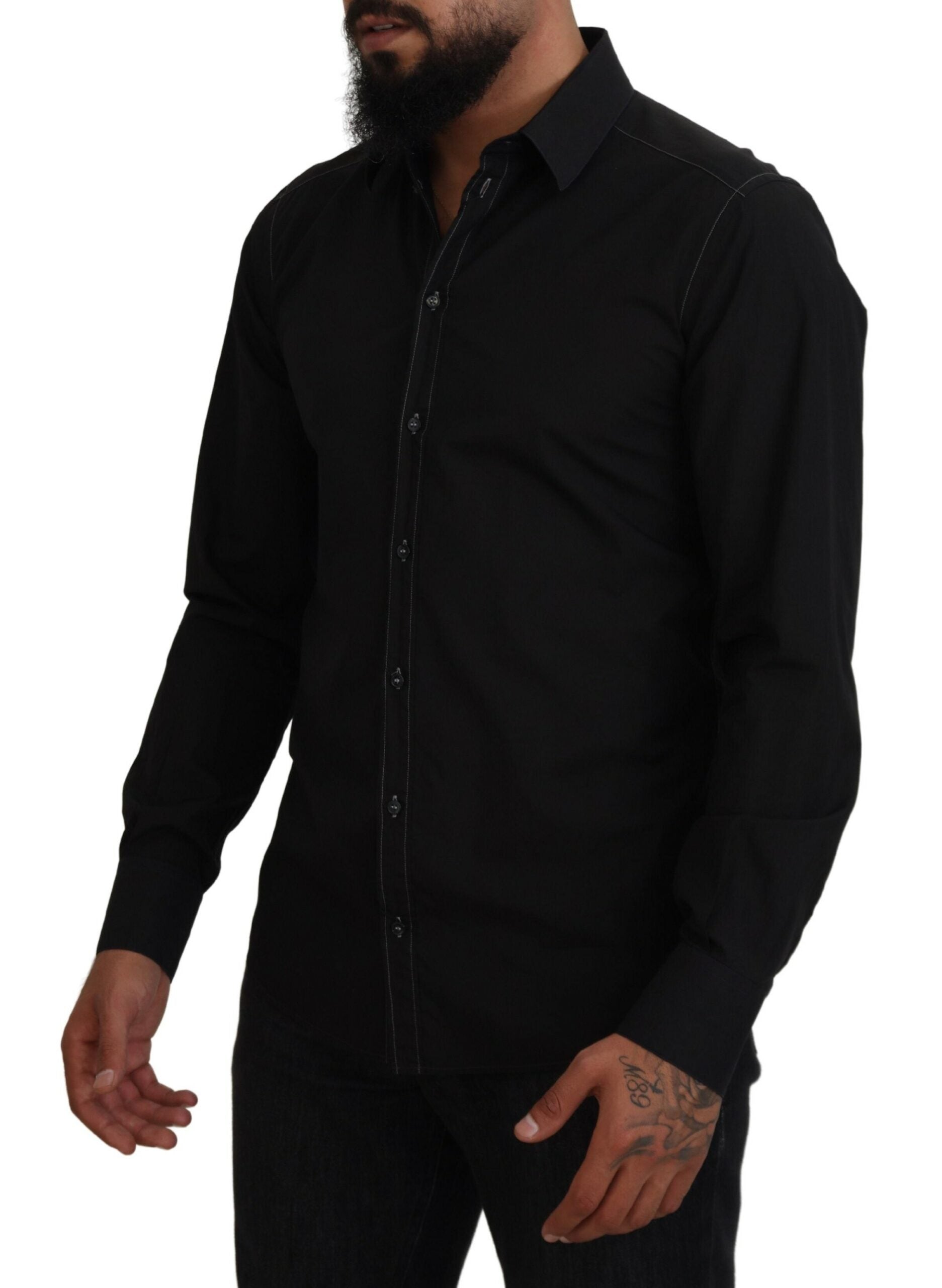 Dolce & Gabbana Black Cotton Collared Long Sleeve GOLD Men's Shirt
