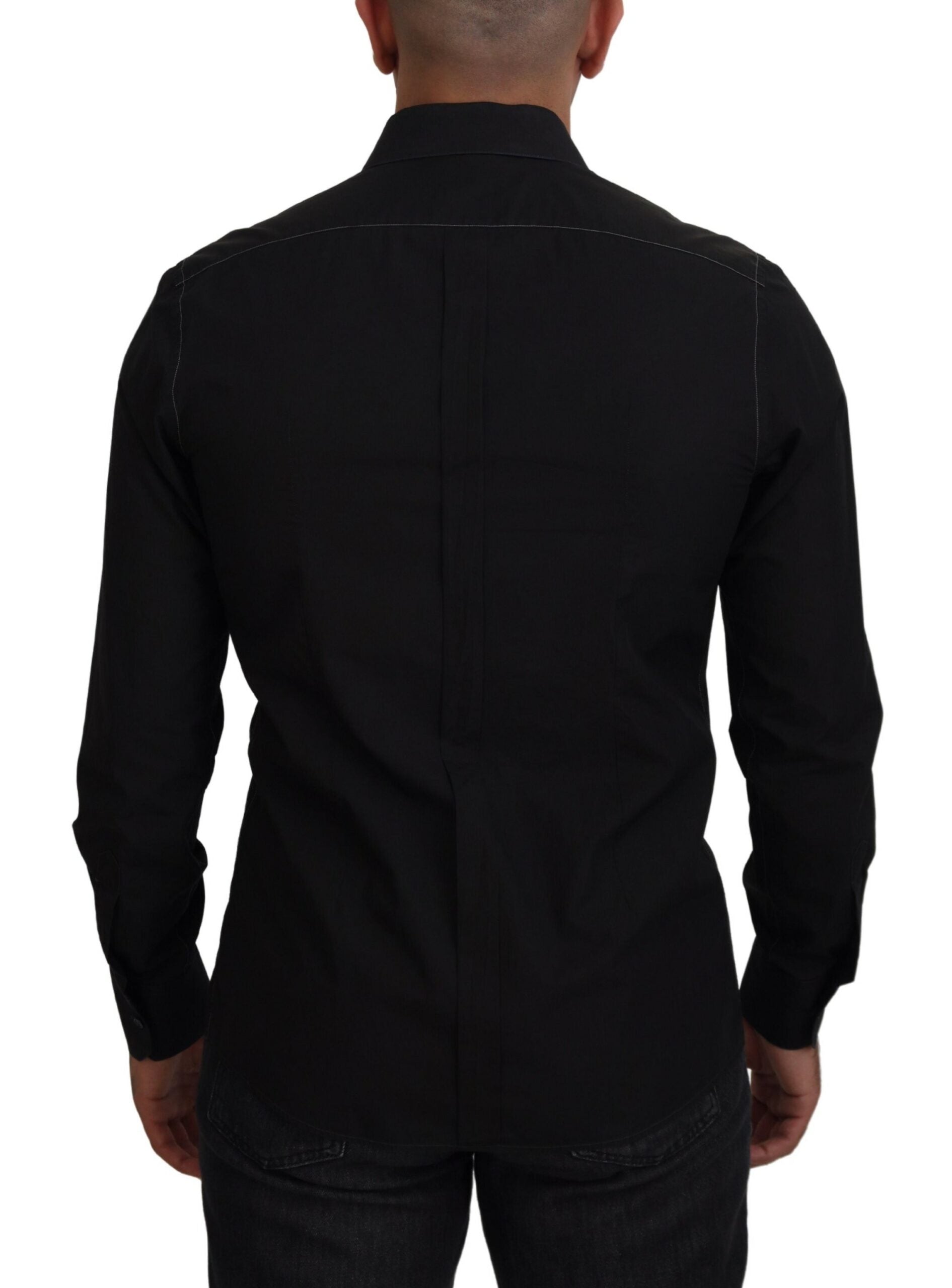 Dolce & Gabbana Black Cotton Collared Long Sleeve GOLD Men's Shirt