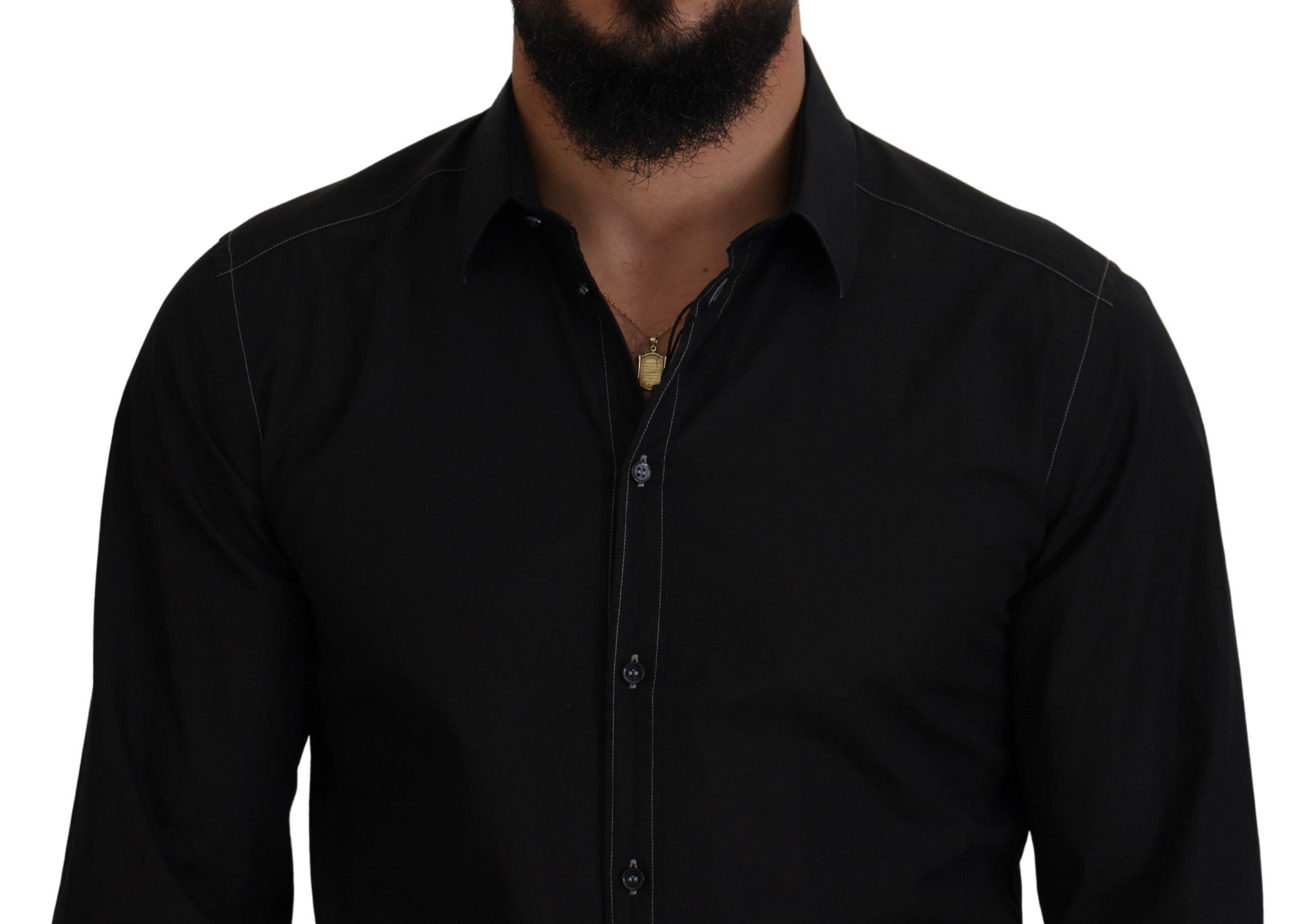 Dolce & Gabbana Black Cotton Collared Long Sleeve GOLD Men's Shirt