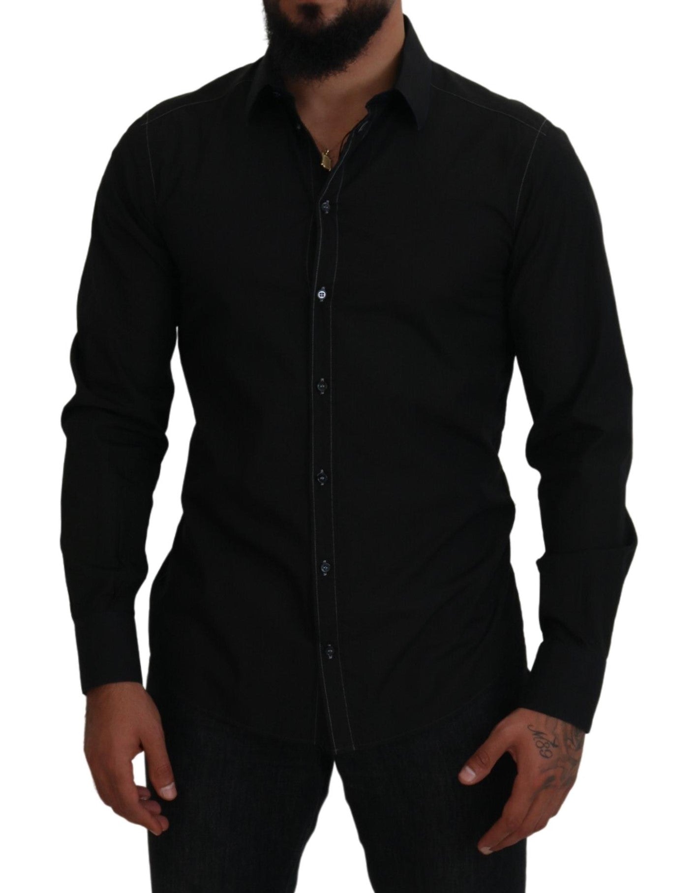 Dolce & Gabbana Black Cotton Collared Long Sleeve GOLD Men's Shirt