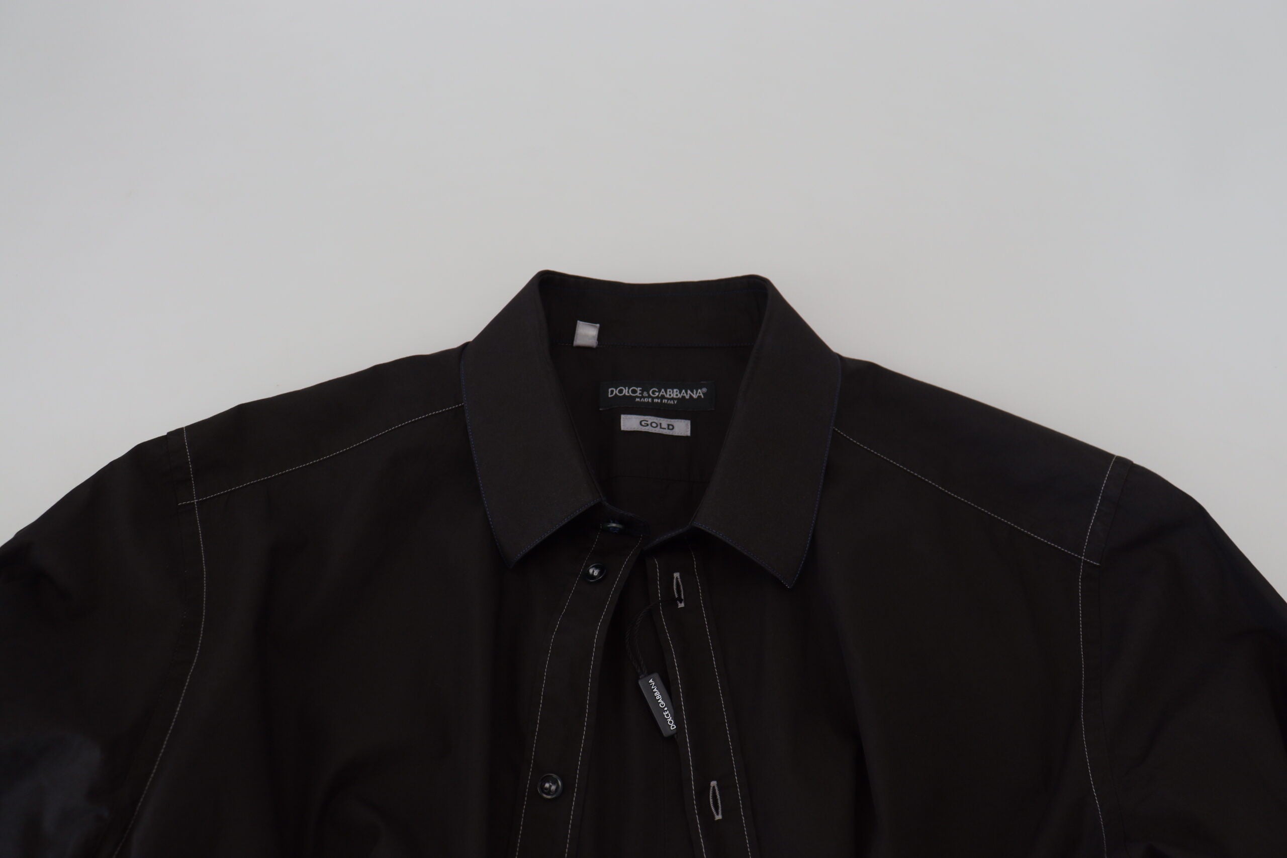 Dolce & Gabbana Black Cotton Collared Long Sleeve GOLD Men's Shirt