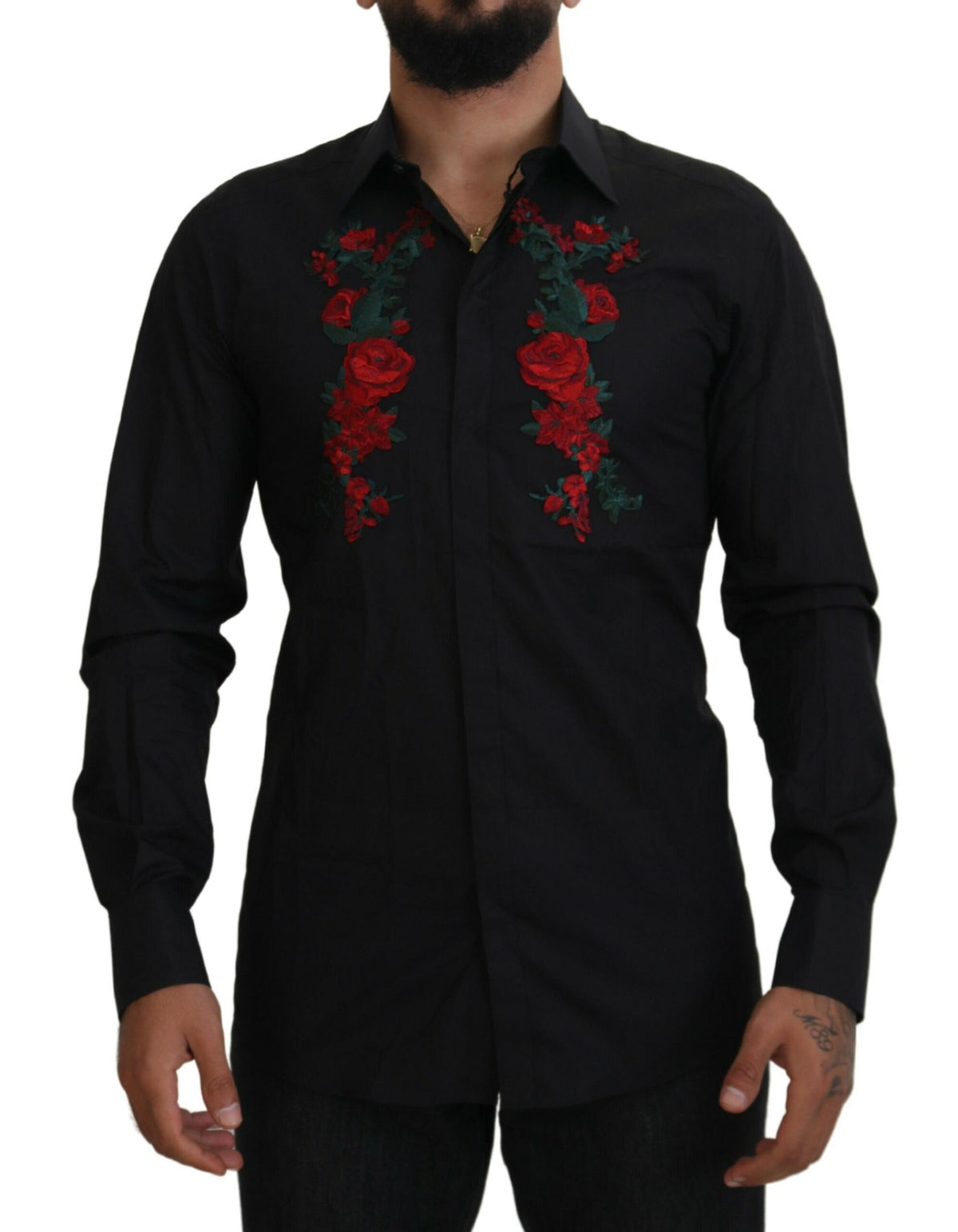 Dolce & Gabbana Black Floral Embroidery Men Long Sleeves GOLD Men's Shirt