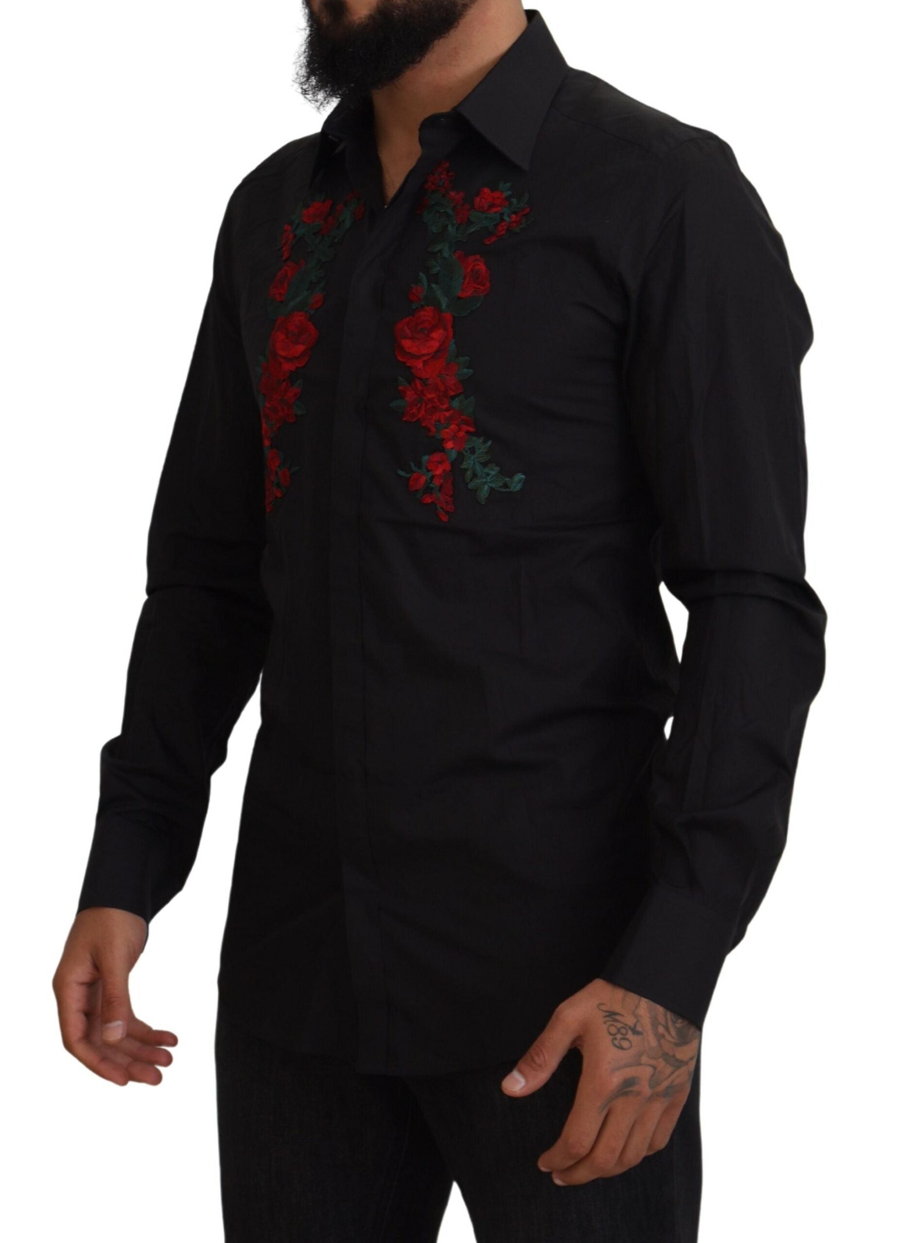 Dolce & Gabbana Black Floral Embroidery Men Long Sleeves GOLD Men's Shirt