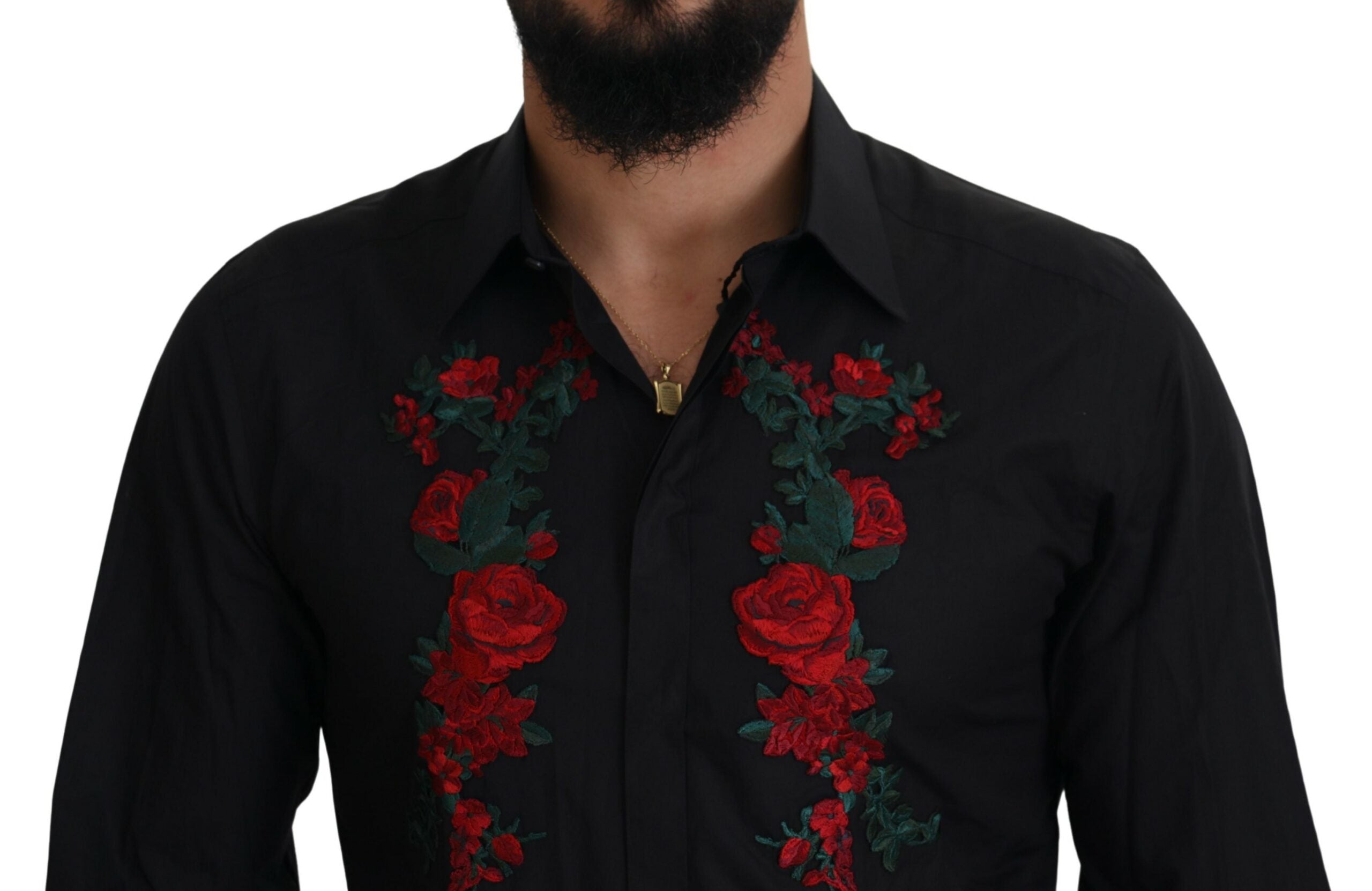 Dolce & Gabbana Black Floral Embroidery Men Long Sleeves GOLD Men's Shirt