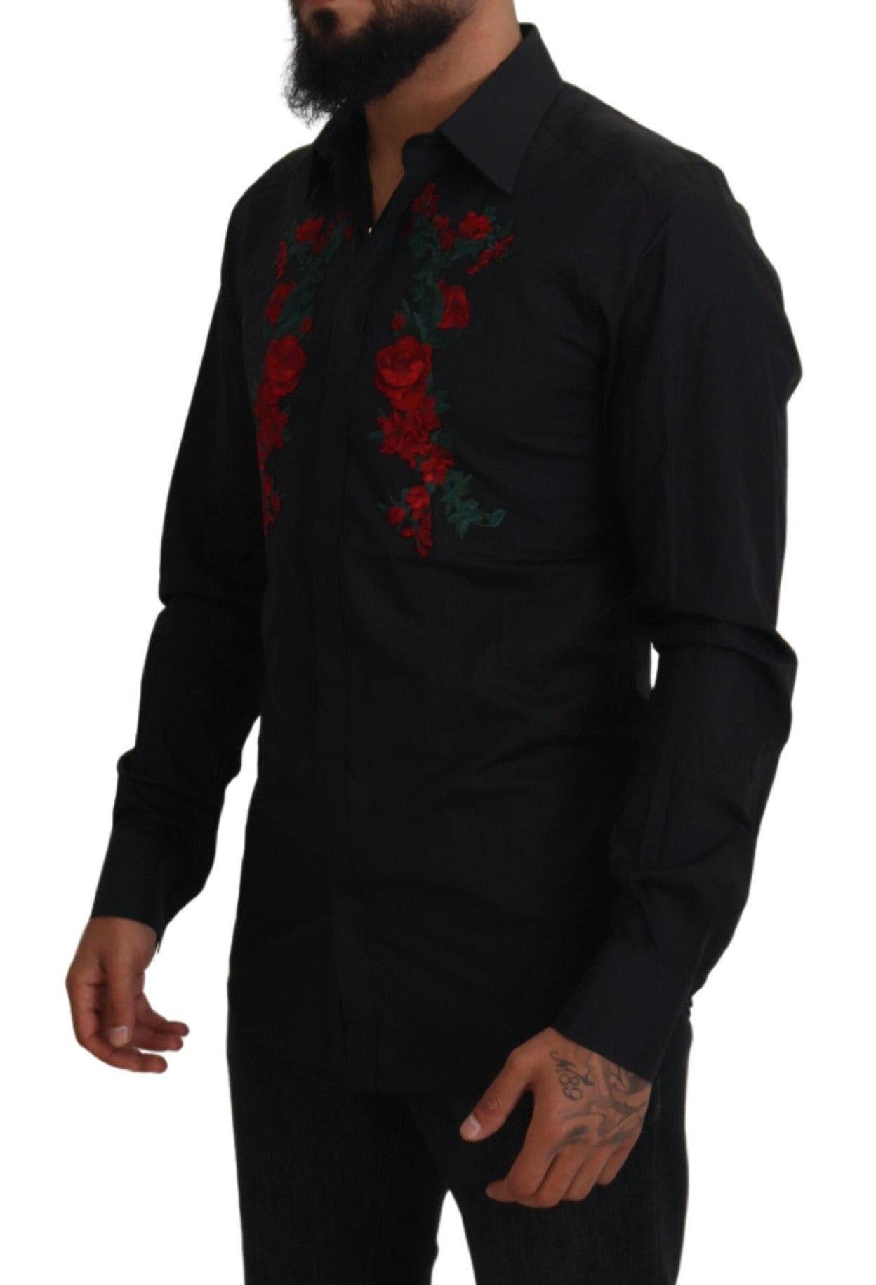 Dolce & Gabbana Black Floral Embroidery Men Long Sleeves GOLD Men's Shirt