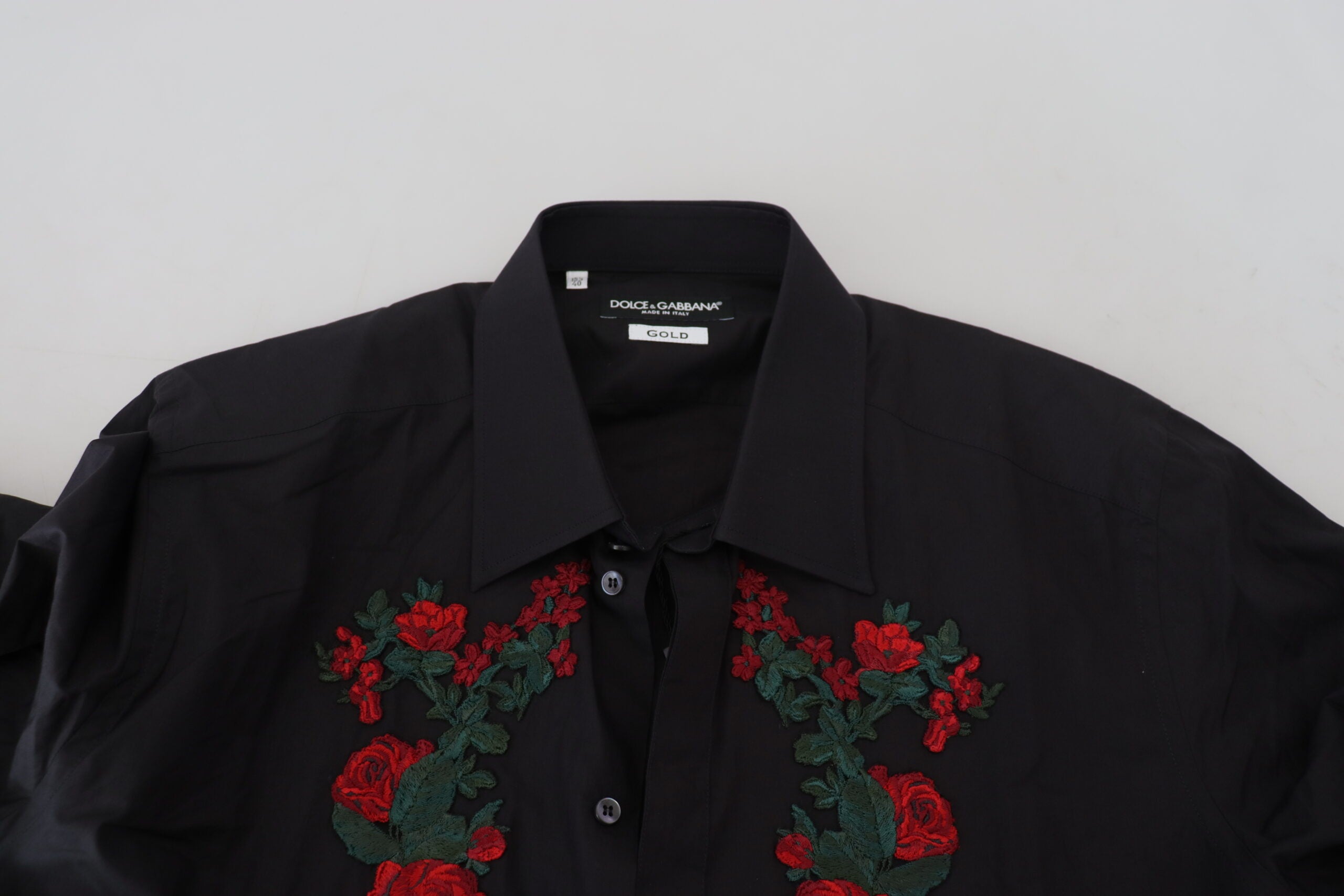 Dolce & Gabbana Black Floral Embroidery Men Long Sleeves GOLD Men's Shirt