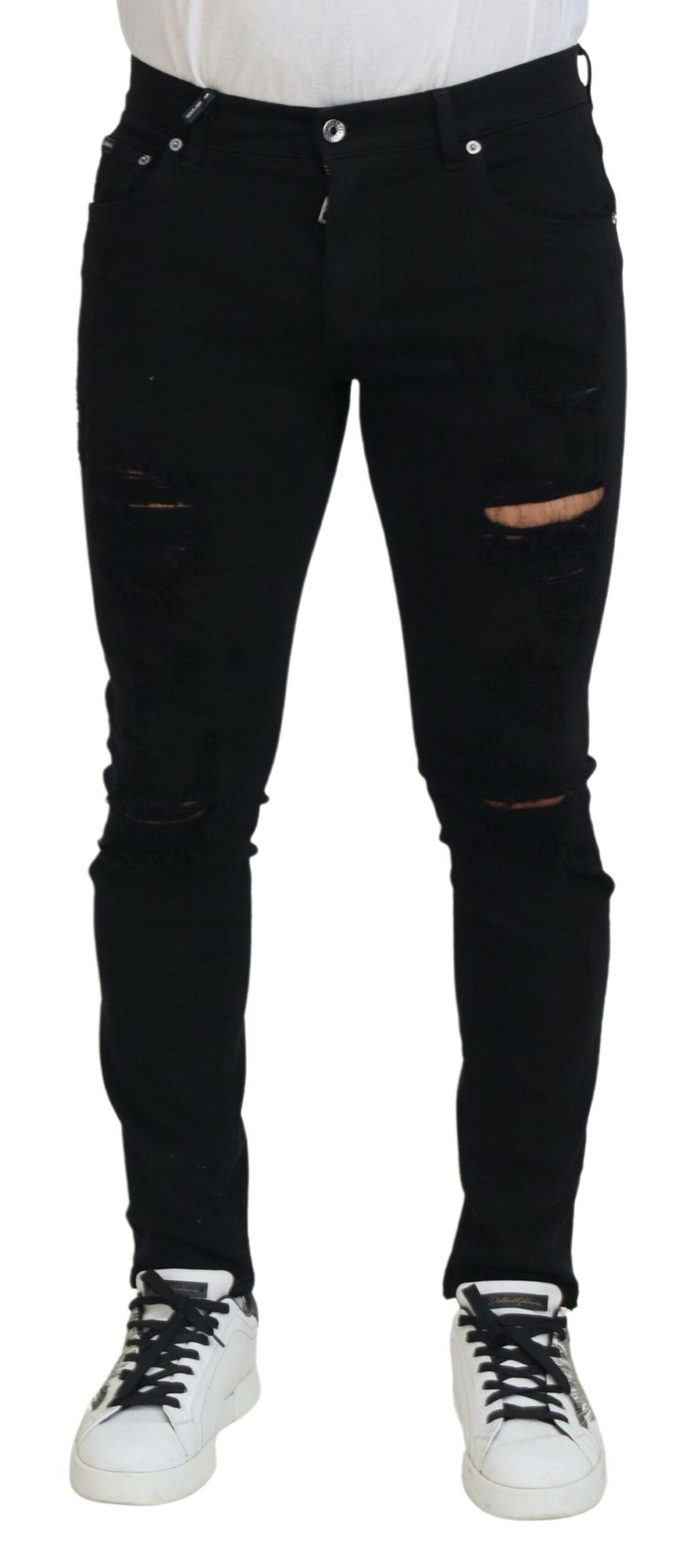 Dolce & Gabbana Svelte Black Tattered Slim Fit Men's Denim
