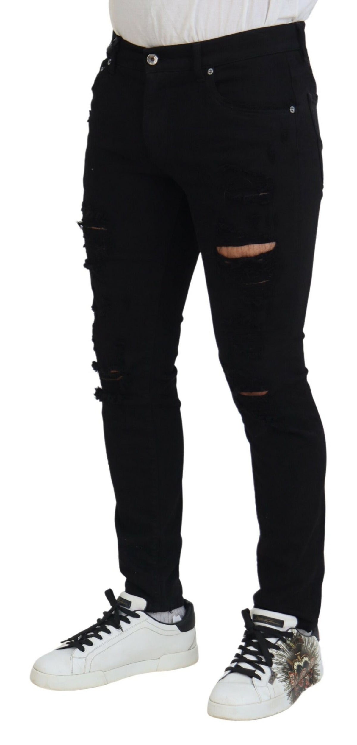 Dolce & Gabbana Black Slim Fit Tattered Denim Cotton Men's Jeans