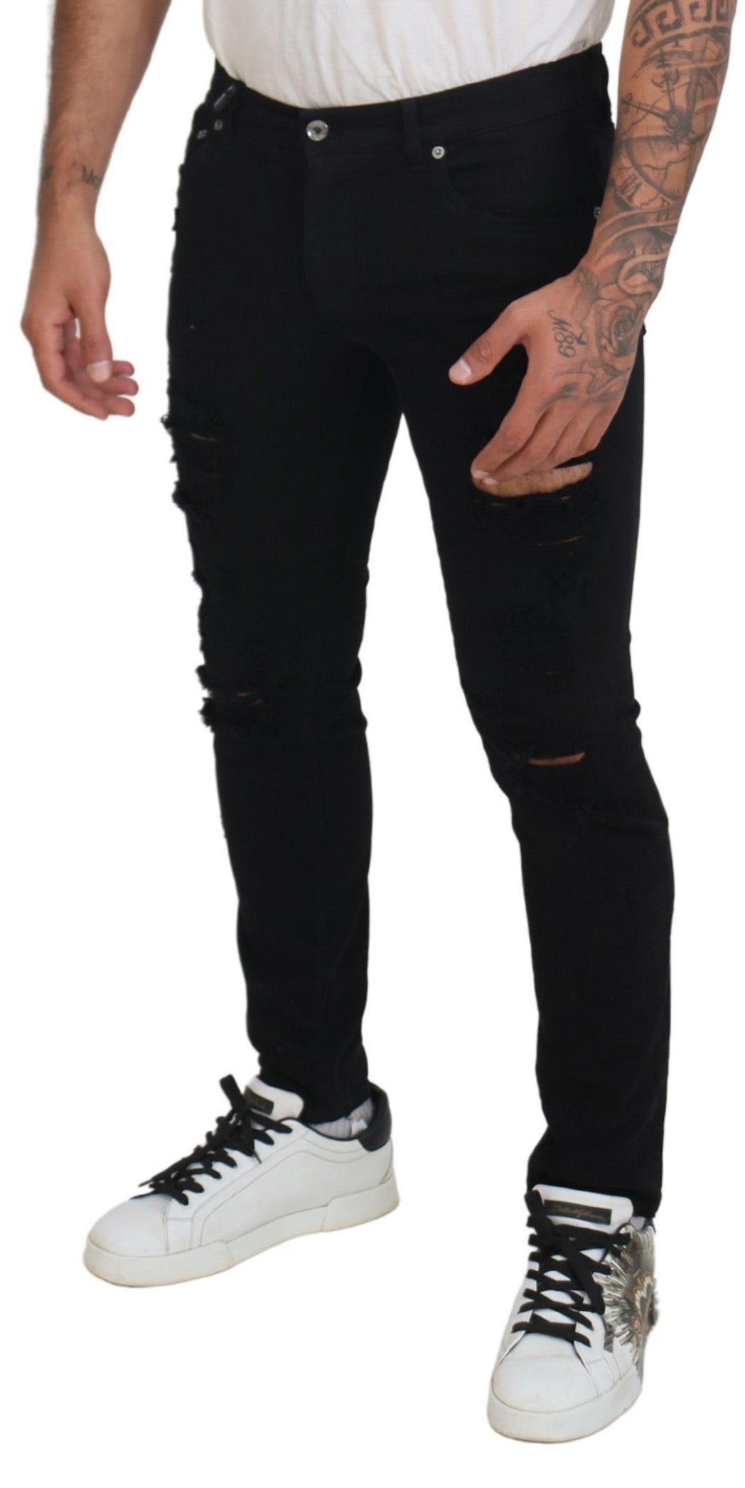 Dolce & Gabbana Black Slim Fit Tattered Denim Cotton Men's Jeans