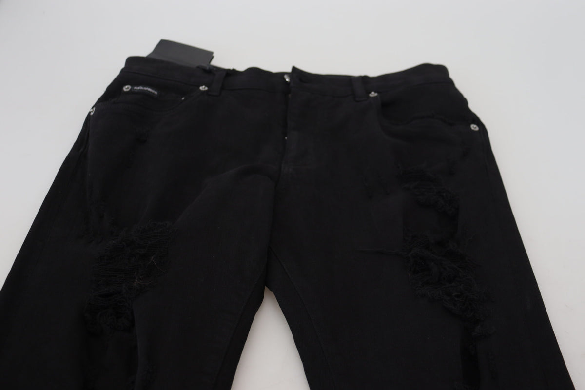 Dolce & Gabbana Black Slim Fit Tattered Denim Cotton Men's Jeans