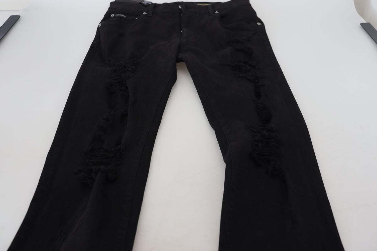 Dolce & Gabbana Black Slim Fit Tattered Denim Cotton Men's Jeans