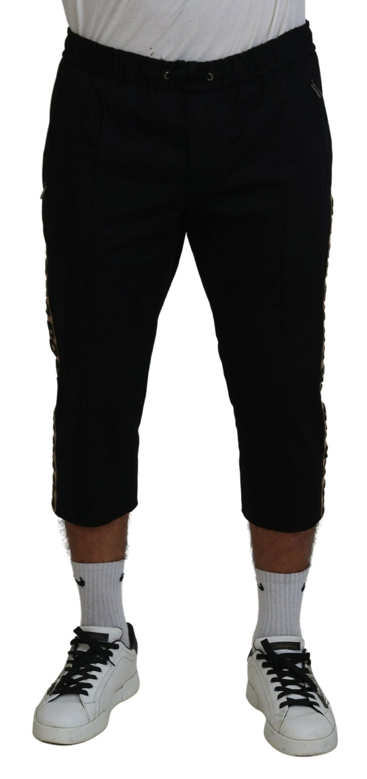 Dolce & Gabbana Black Cotton Elastic Waist DG Logo Cropped Men's Pants