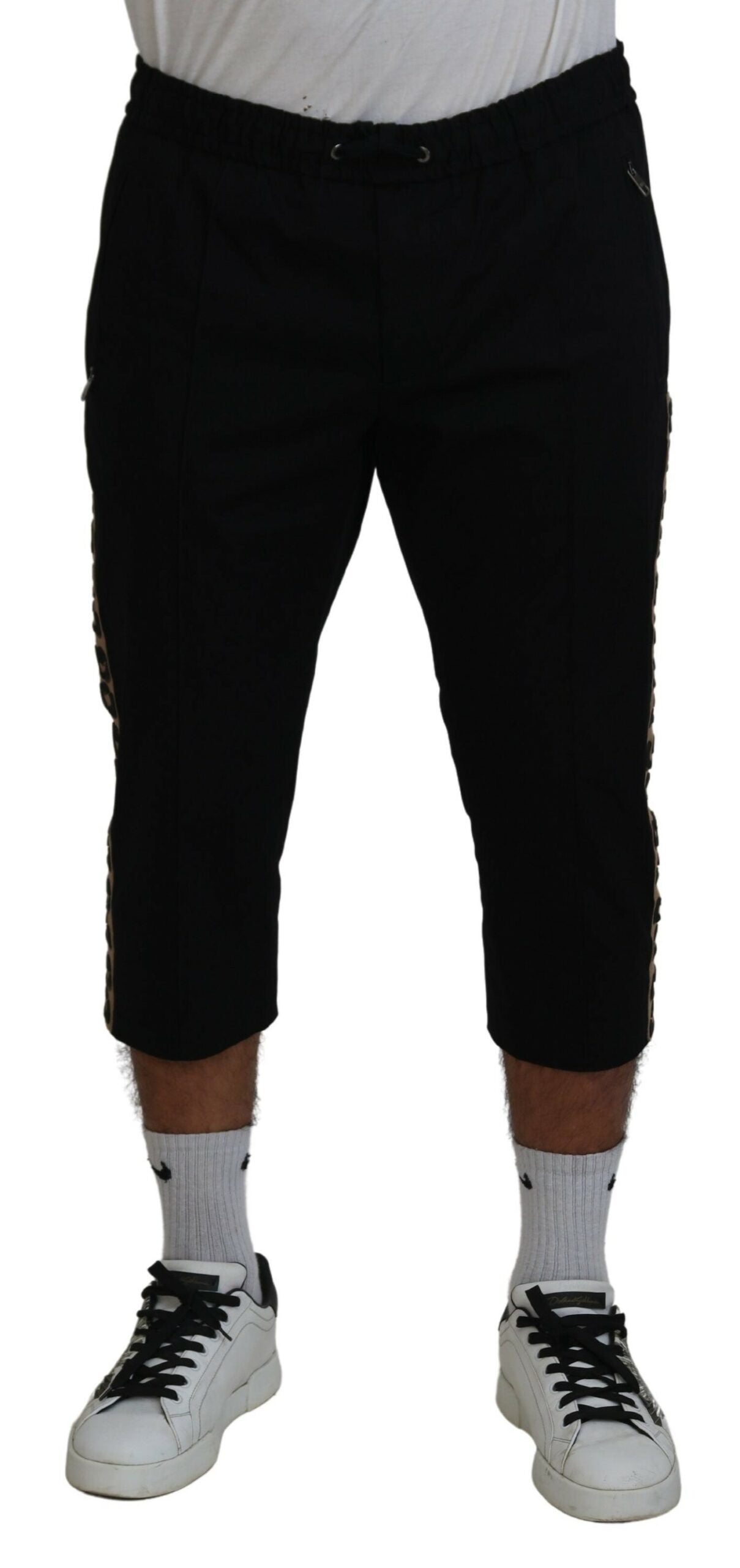Dolce & Gabbana Black Cotton Elastic Waist DG Logo Cropped Men's Pants