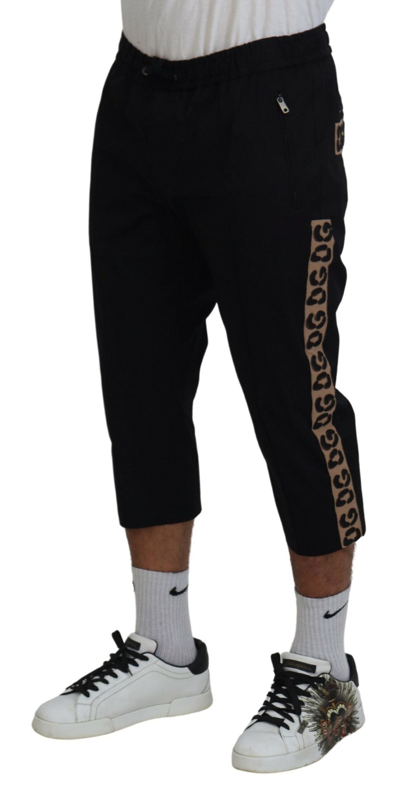 Dolce & Gabbana Black Cotton Elastic Waist DG Logo Cropped Men's Pants