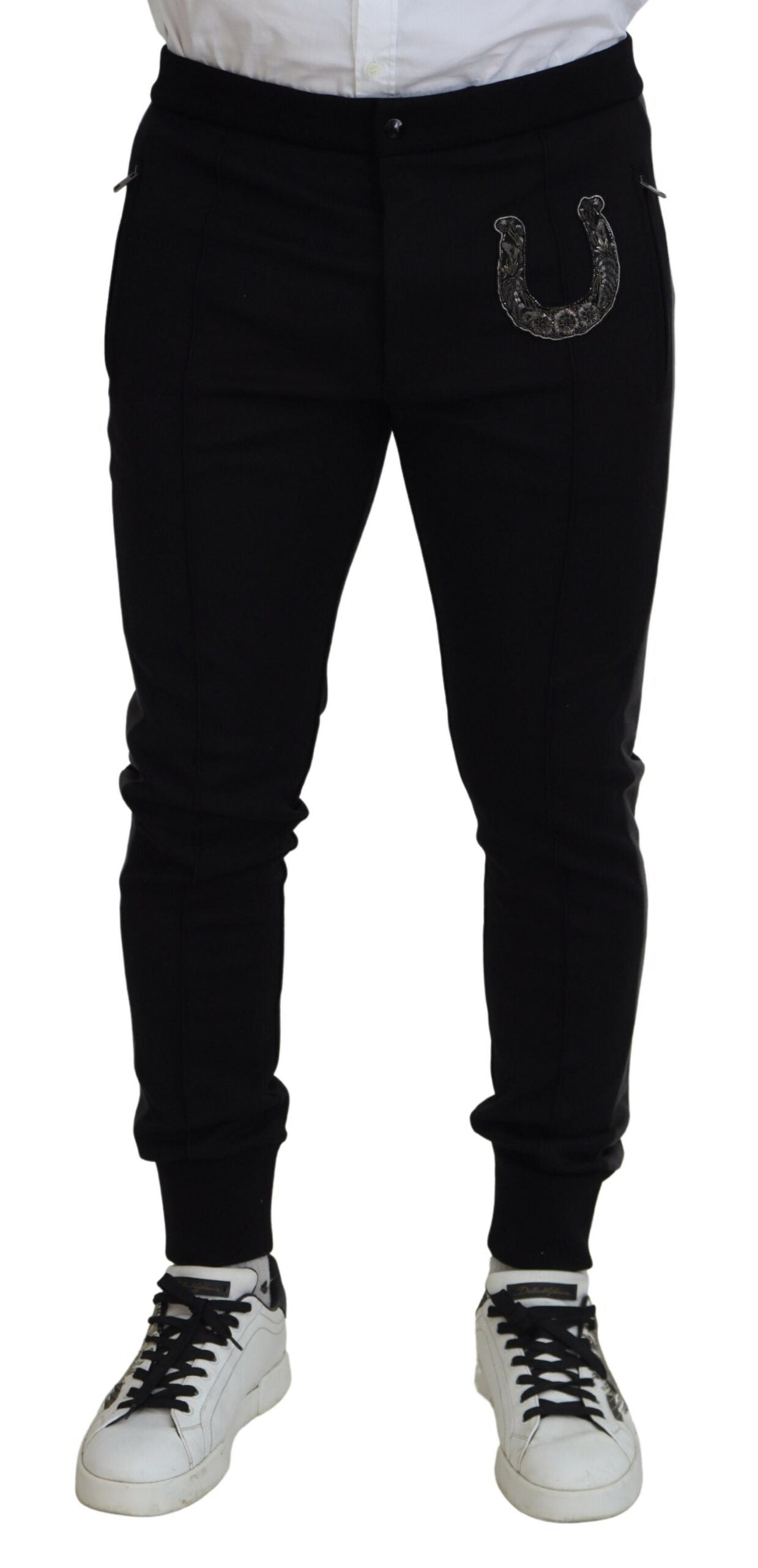 Dolce & Gabbana Black Wool Horseshoe Jogger Men's Pants