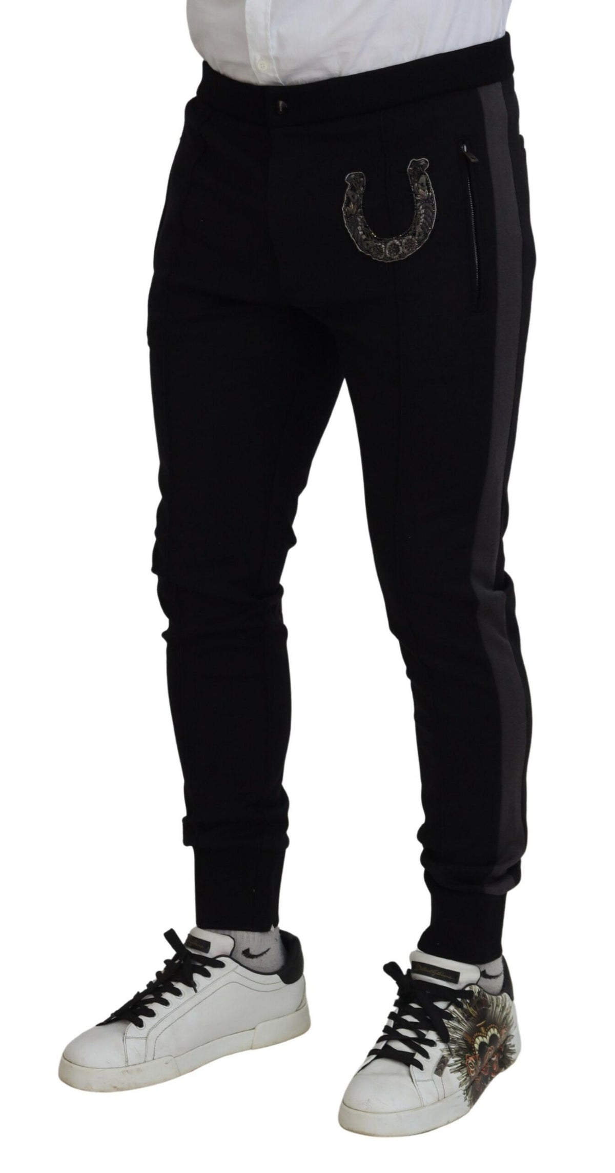 Dolce & Gabbana Black Wool Horseshoe Jogger Men's Pants
