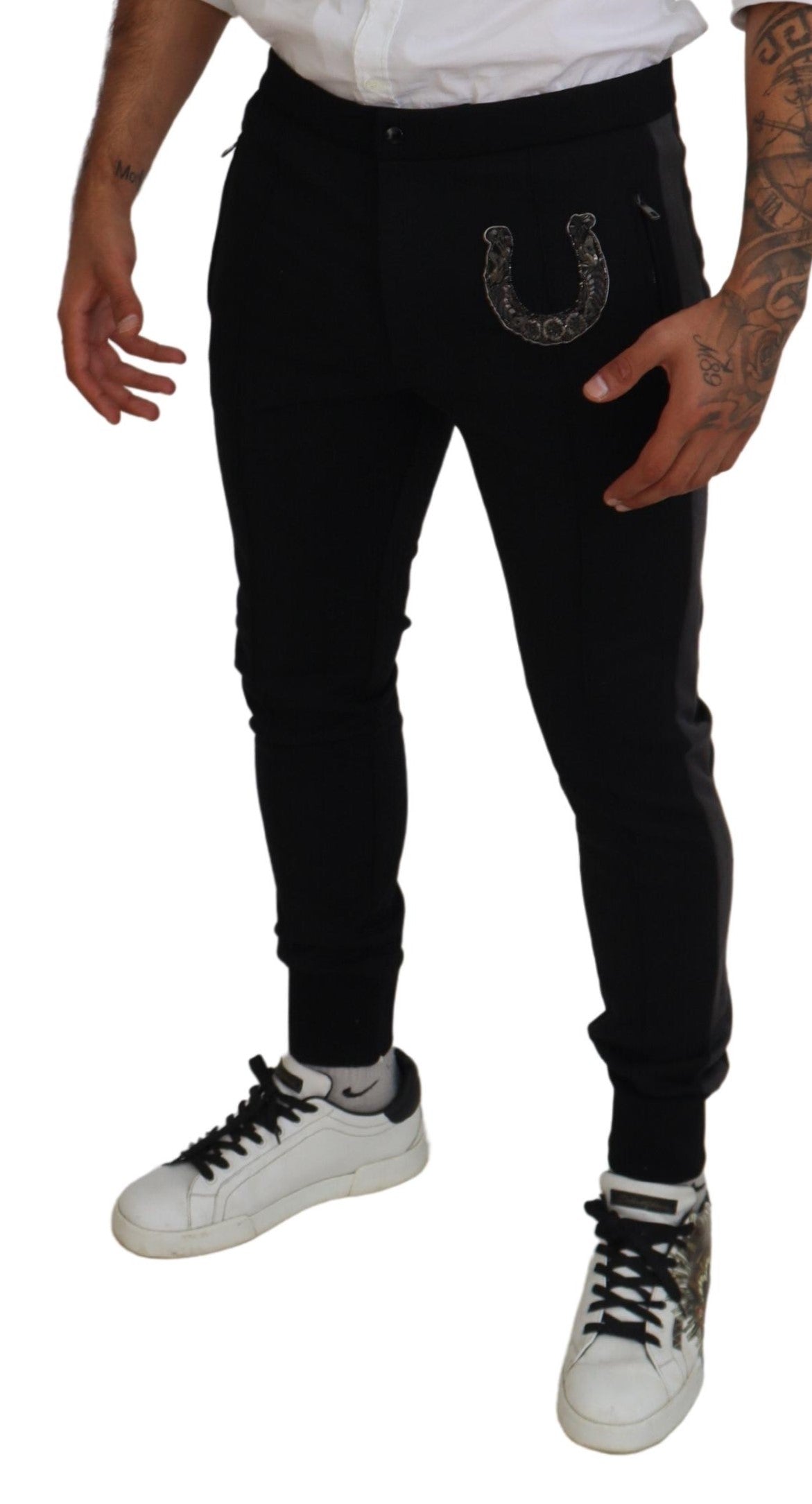 Dolce & Gabbana Black Wool Horseshoe Jogger Men's Pants