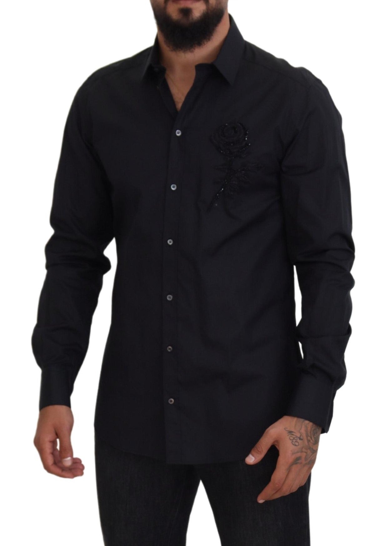 Dolce & Gabbana Black Roses Slim Fit Cotton Men's Shirt