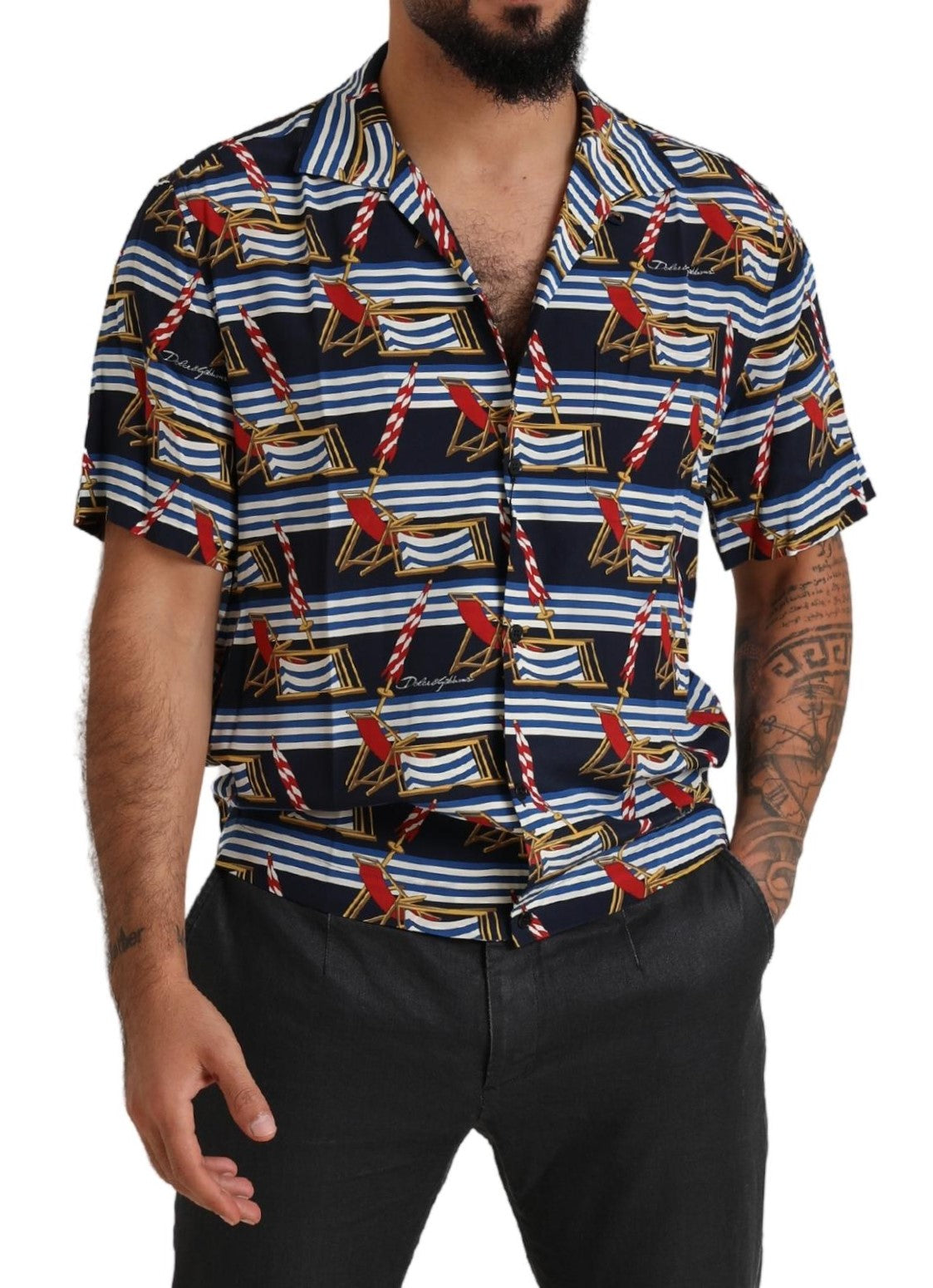 Dolce & Gabbana Multicolor Beach Chair Short Sleeves Men's Shirt