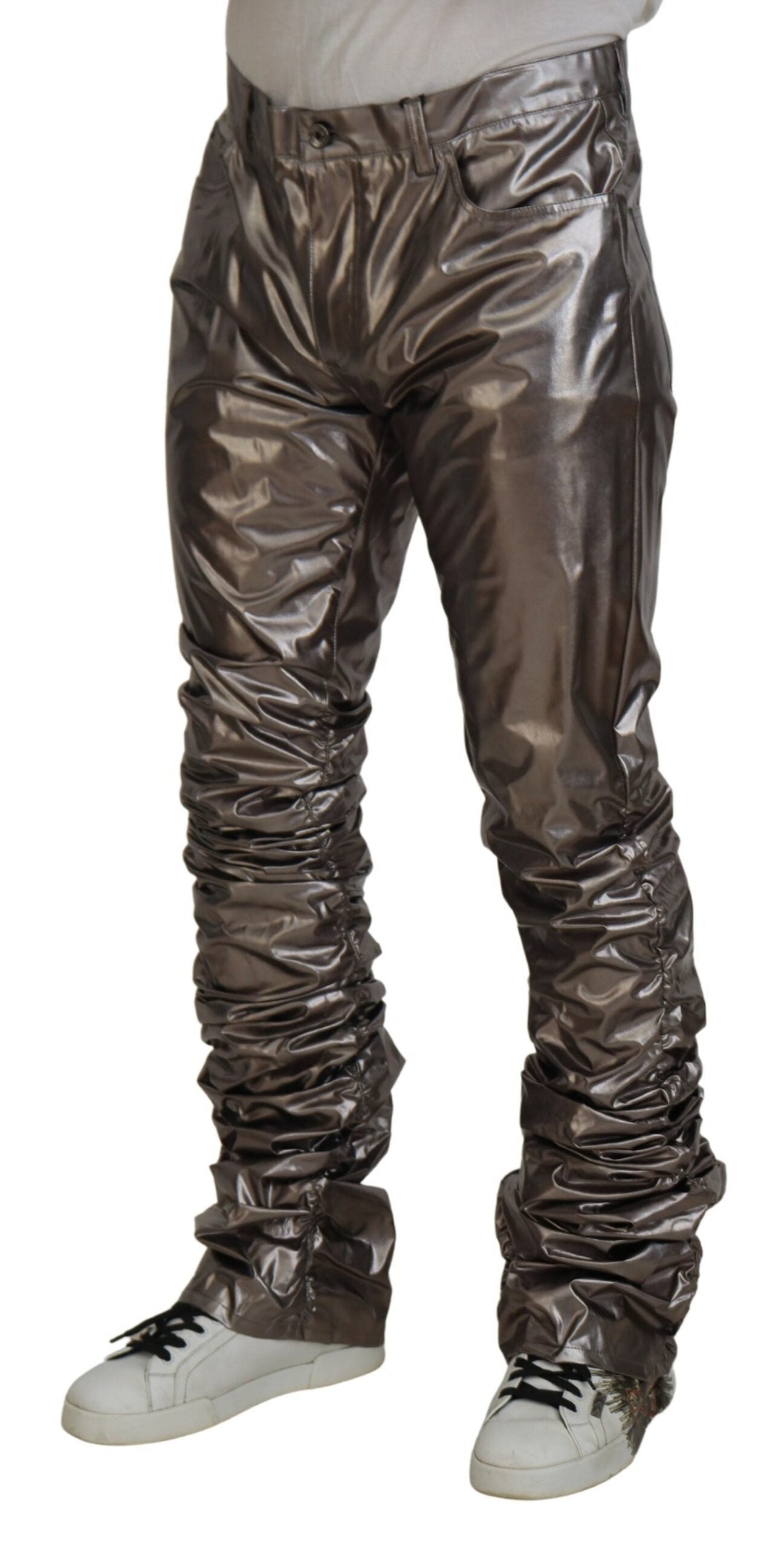 Dolce & Gabbana Silver Metallic Nylon Stretch Men's Pants