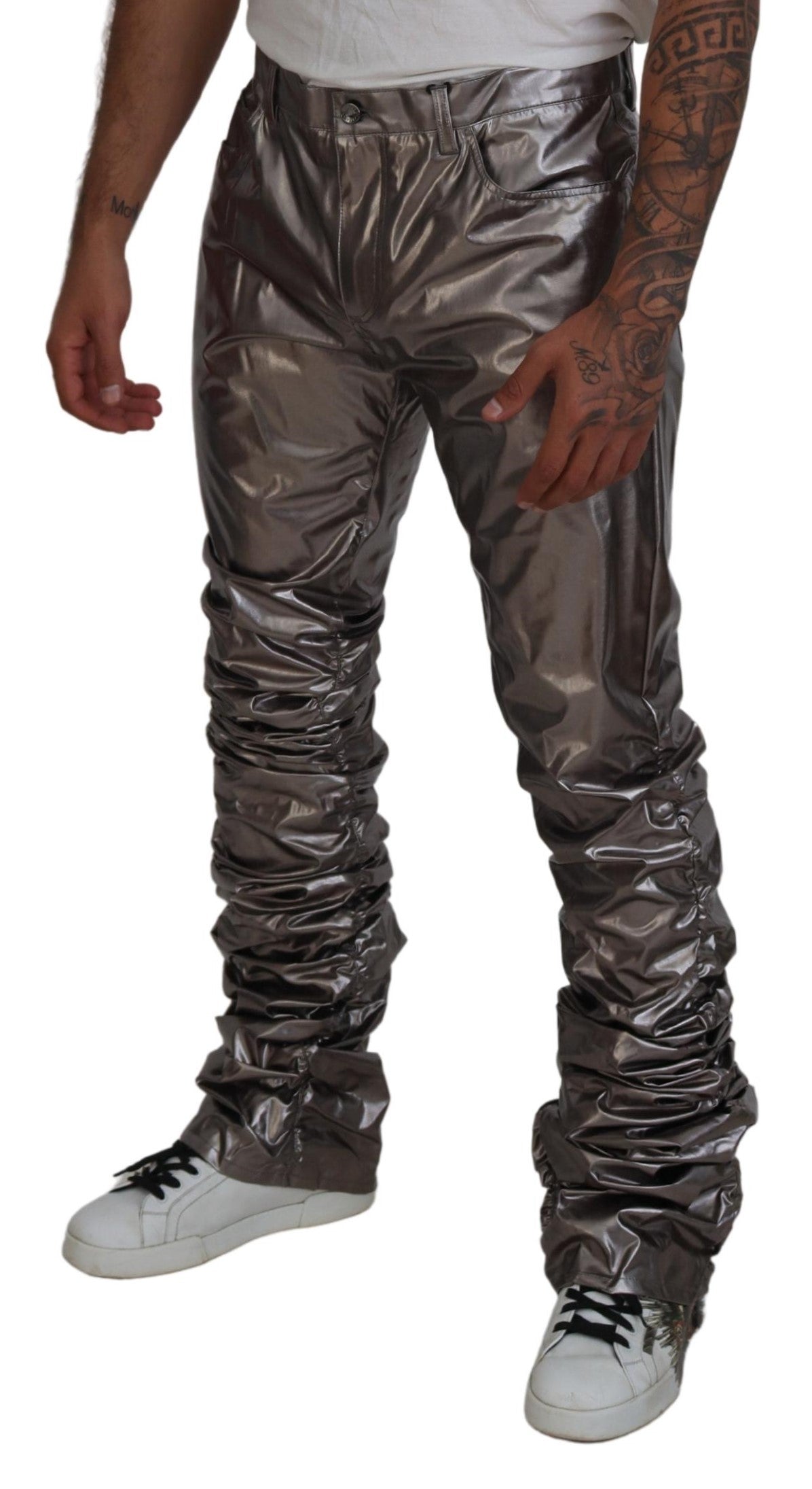 Dolce & Gabbana Silver Metallic Nylon Stretch Men's Pants