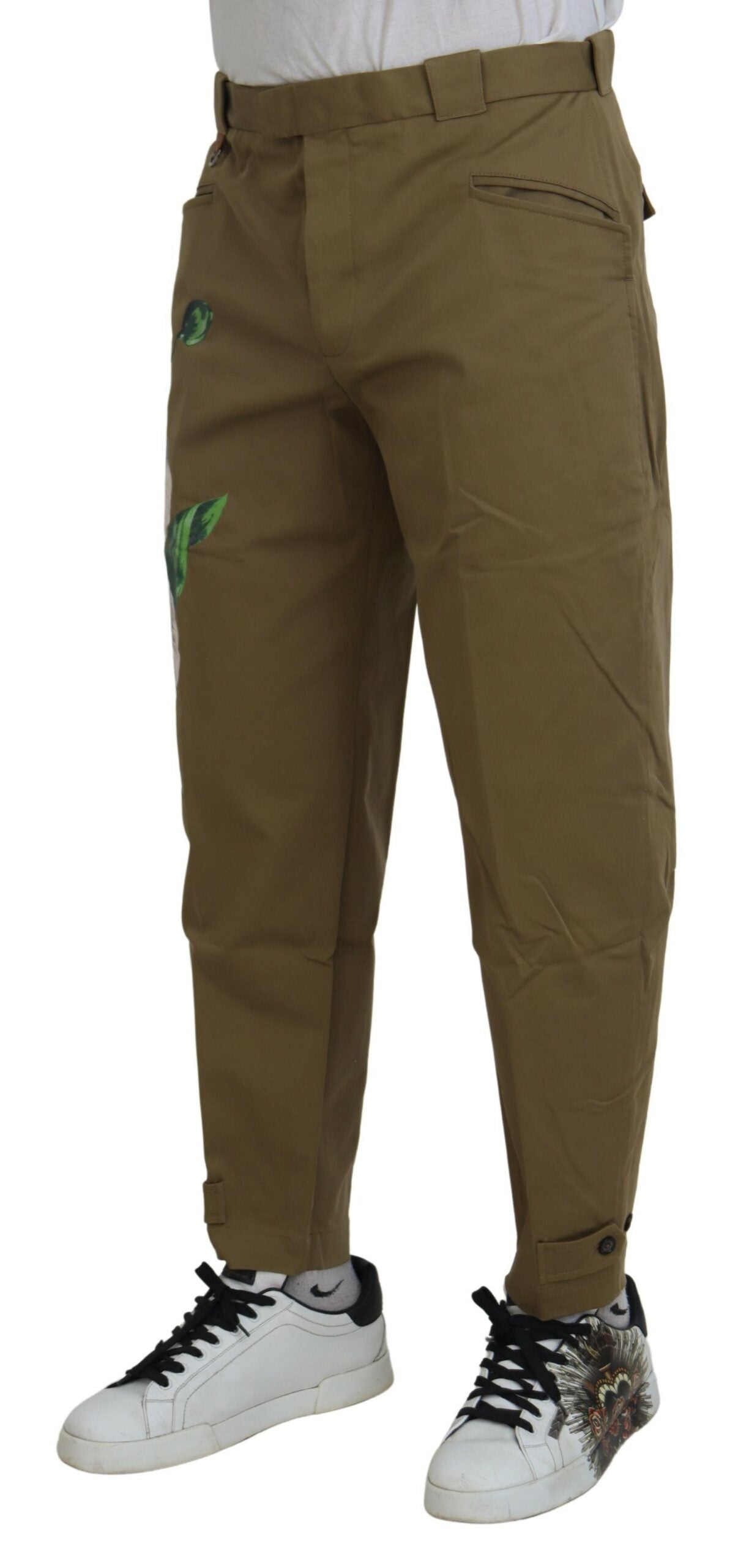 Dolce & Gabbana Beige Cotton Stretch Floral Chinos Men's Pants