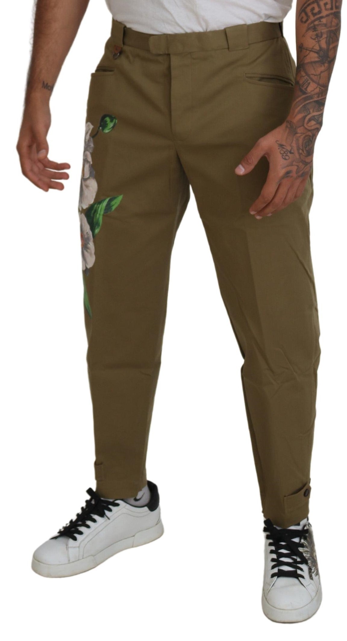 Dolce & Gabbana Beige Cotton Stretch Floral Chinos Men's Pants