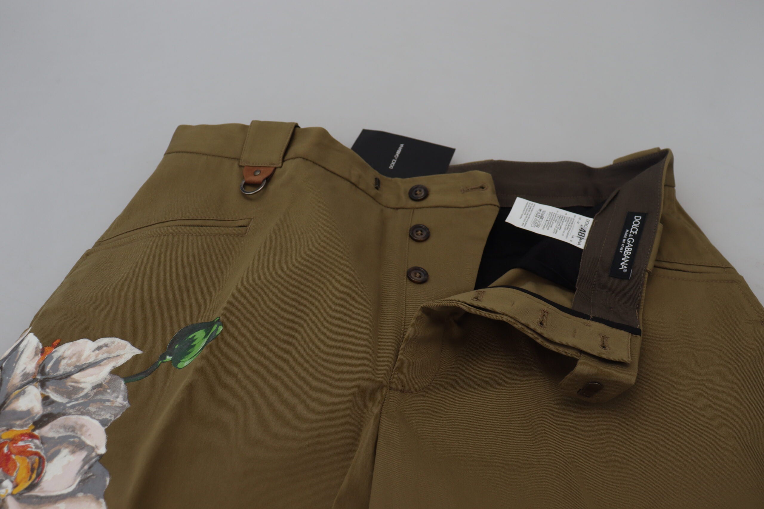 Dolce & Gabbana Beige Cotton Stretch Floral Chinos Men's Pants