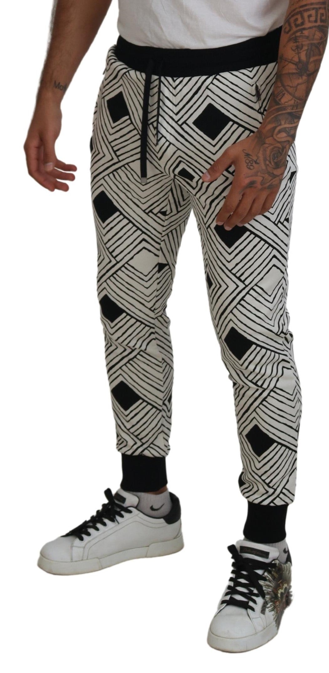 Dolce & Gabbana Black White Cotton Trousers Sport Men's Pants